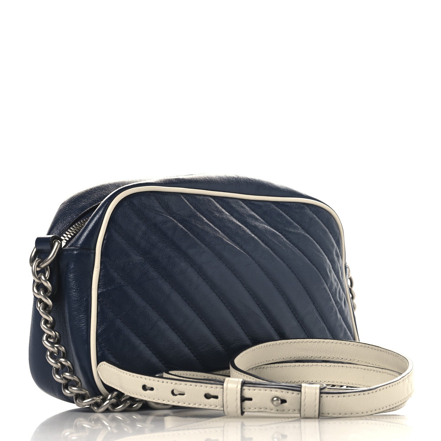 Gucci Vintage Effect Calfskin Matelasse Diagonal Small Torchon GG Marmont Chain Shoulder Bag Blue Agata Mystic White 3 of 11