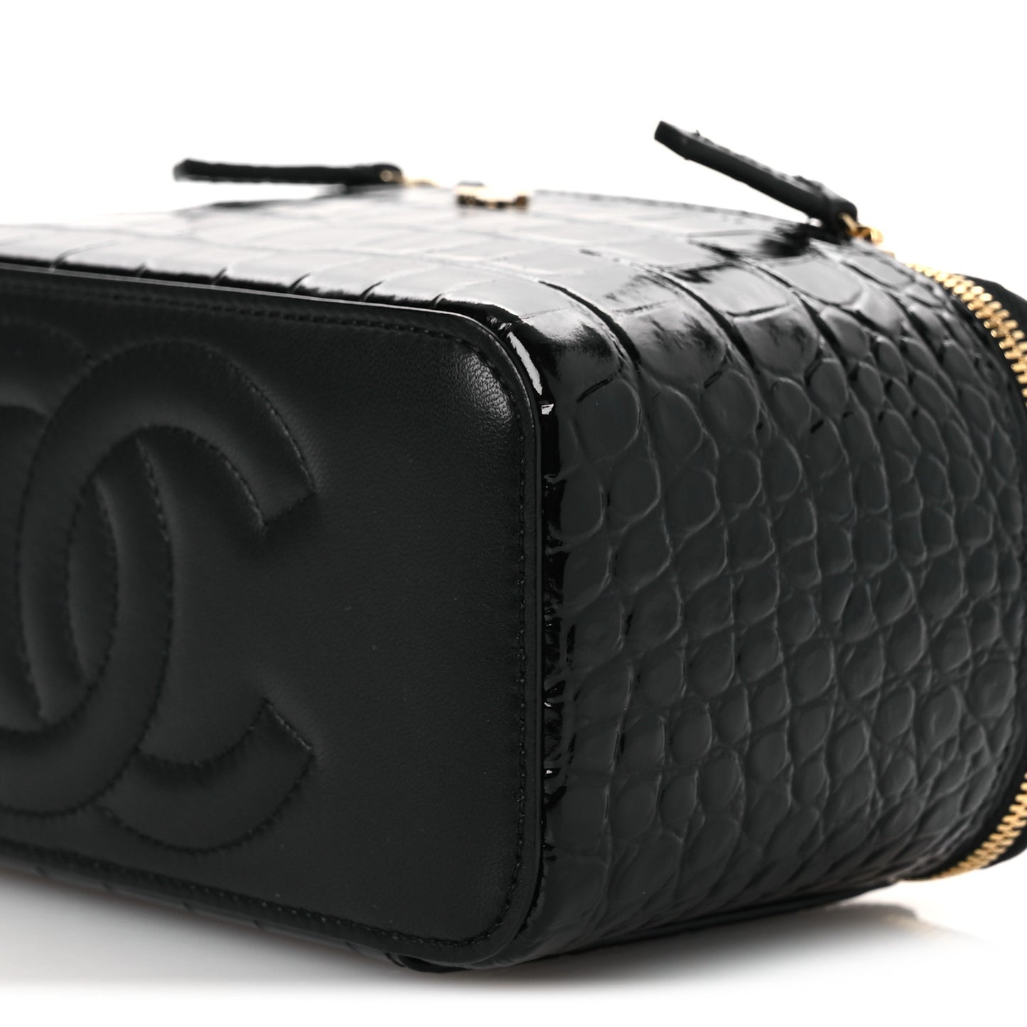Calfskin Crocodile Embossed Crococo Small Top Handle Vanity Case With Chain Black