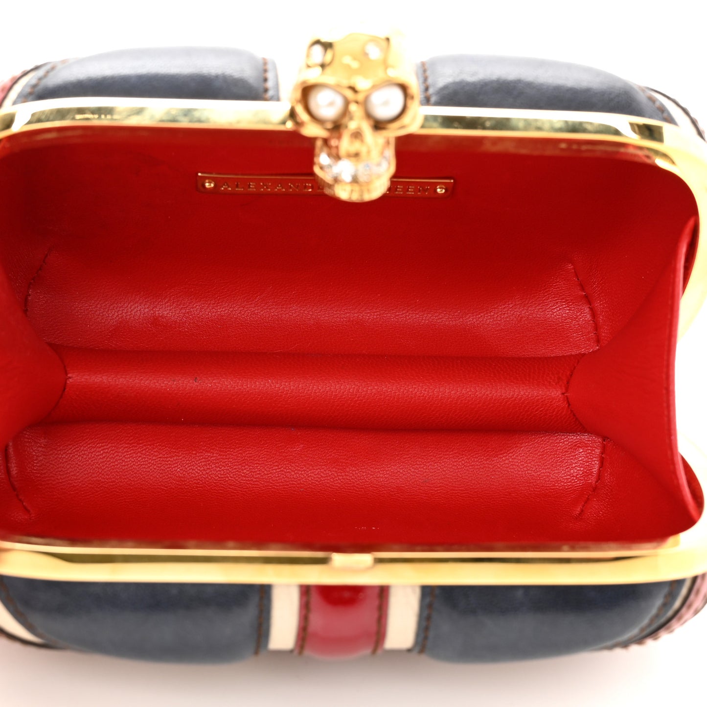 Patent Calfskin Britannia Skull Box Clutch Red Blue