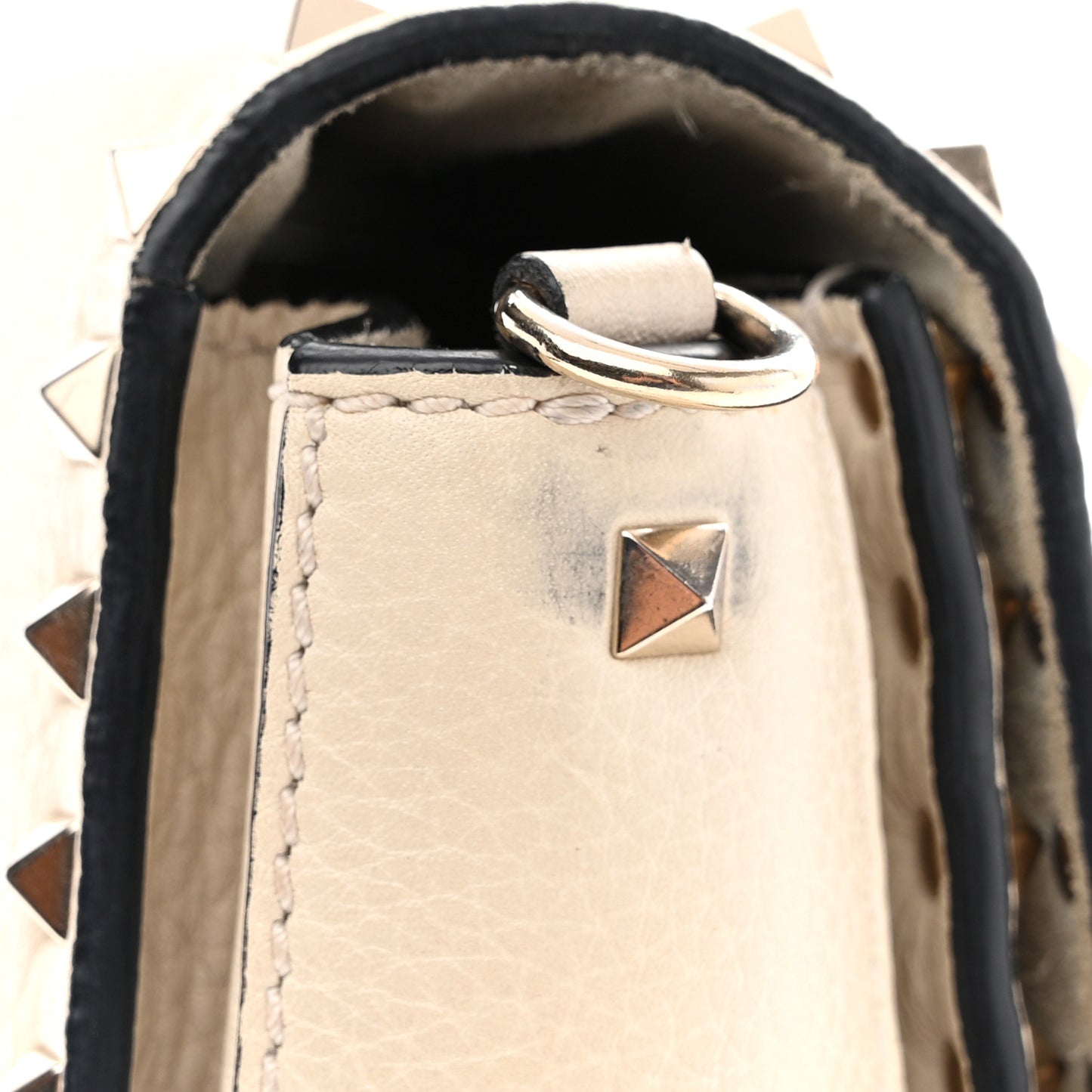 Grained Calfskin Rockstud Top Handle Flap Shoulder Bag Light Ivory