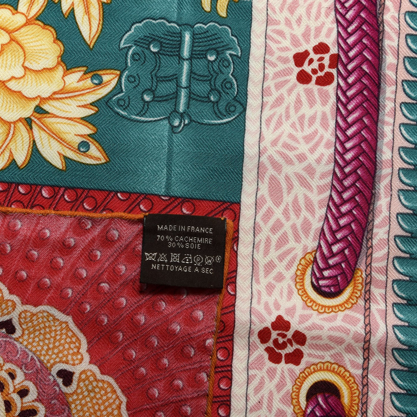 Cashmere Silk Parures De Samourais Shawl 140 Rose Indien Vert Corail