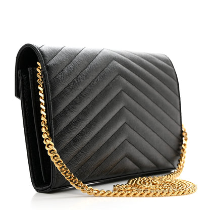 Saint Laurent Grain De Poudre Matelasse Chevron Monogram Chain Wallet Black 2 of 10