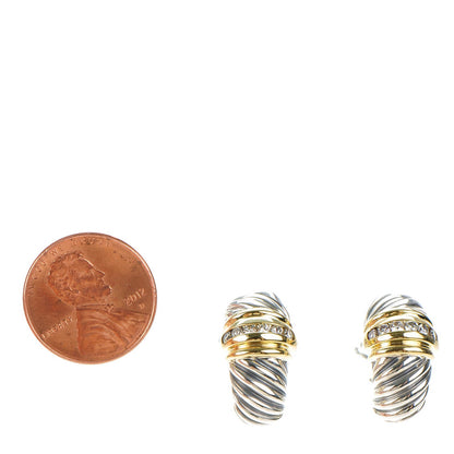 David Yurman Sterling Silver 18K Yellow Gold Pave Diamond 24mm Thoroughbred Shrimp Earrings 2 of 4