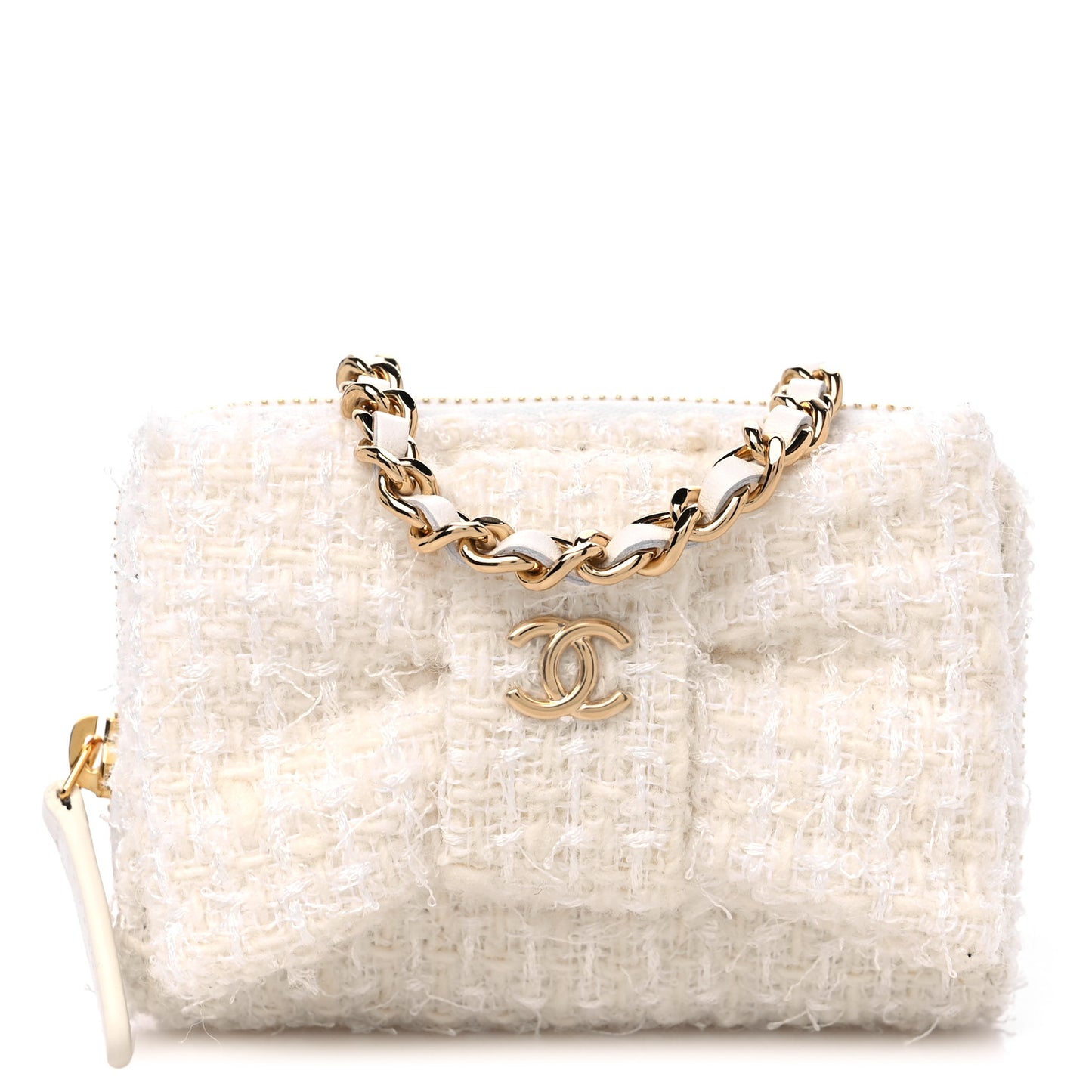 Tweed Quilted Bow Flap Card Holder On Chain White