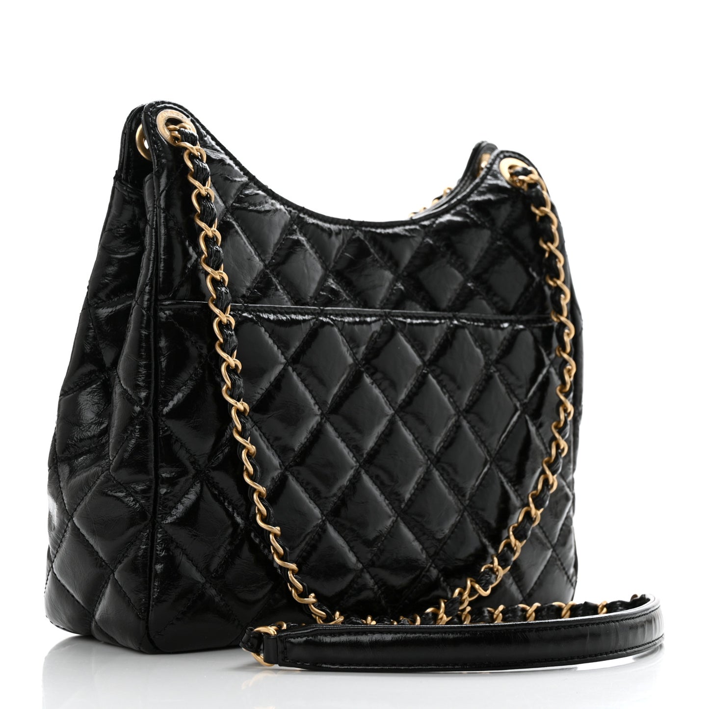 Shiny Crumpled Calfskin Quilted Wavy CC Hobo Black
