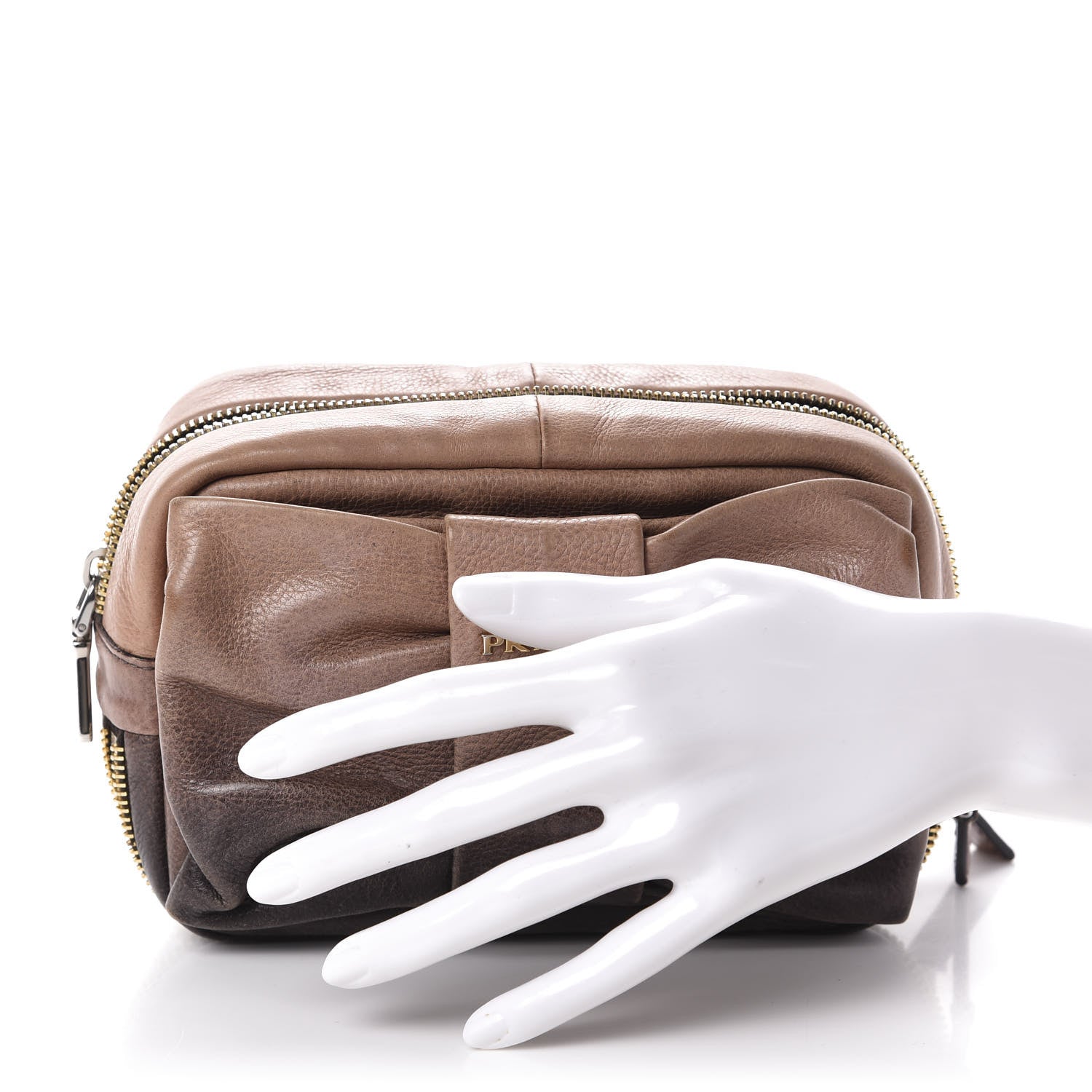 Prada Glace Calfskin Zippers Bow Clutch Ardesia Nudo 2 of 12