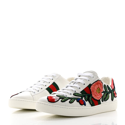 Gucci Calfskin Web Floral Embroidered Womens Ace Sneakers 37 White 3 of 9