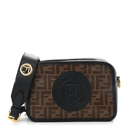 Fendi Glazed Fabric Vitello Century F is Fendi FF 1974 Stamp Patch Camera Case Mogano Panna Black 1 of 9