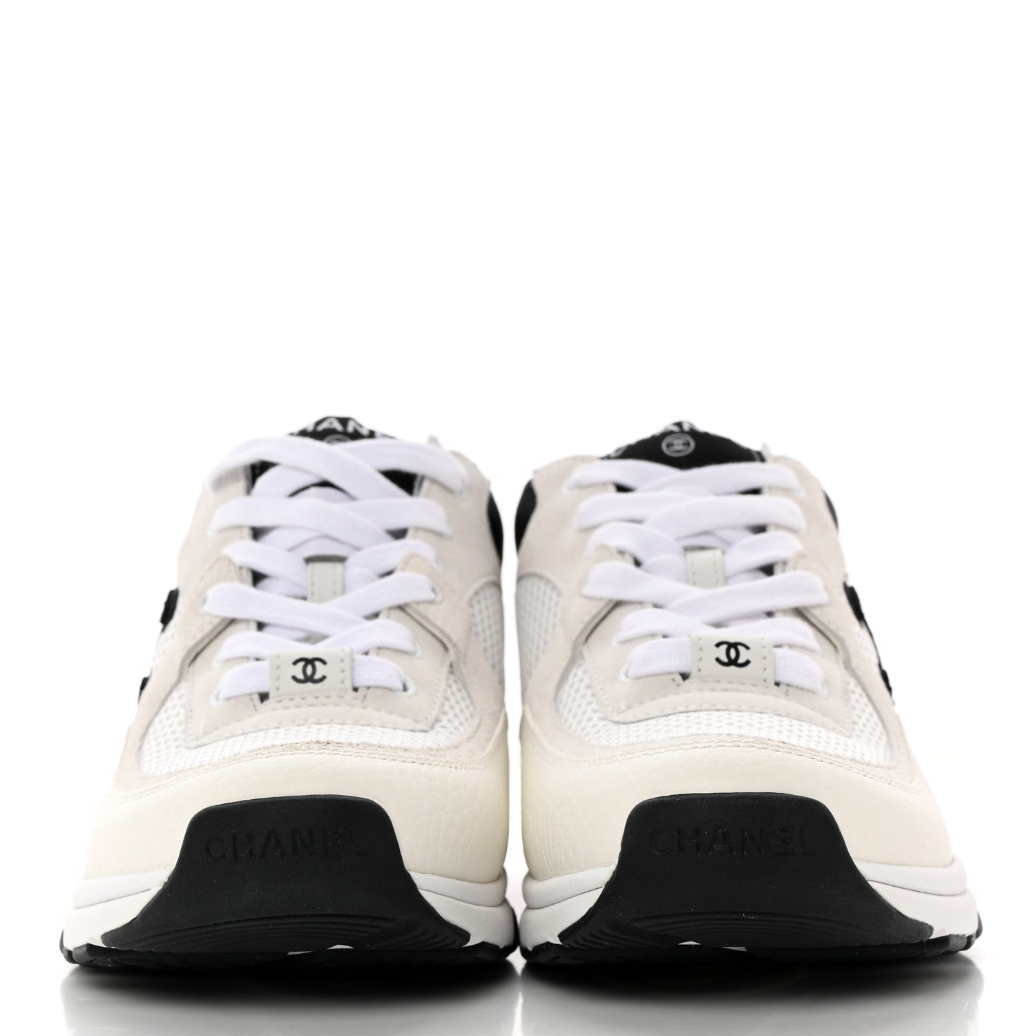 Chanel Mesh Suede Calfskin Grained Calfskin Womens CC Sneakers 37.5 White Black 2 of 10