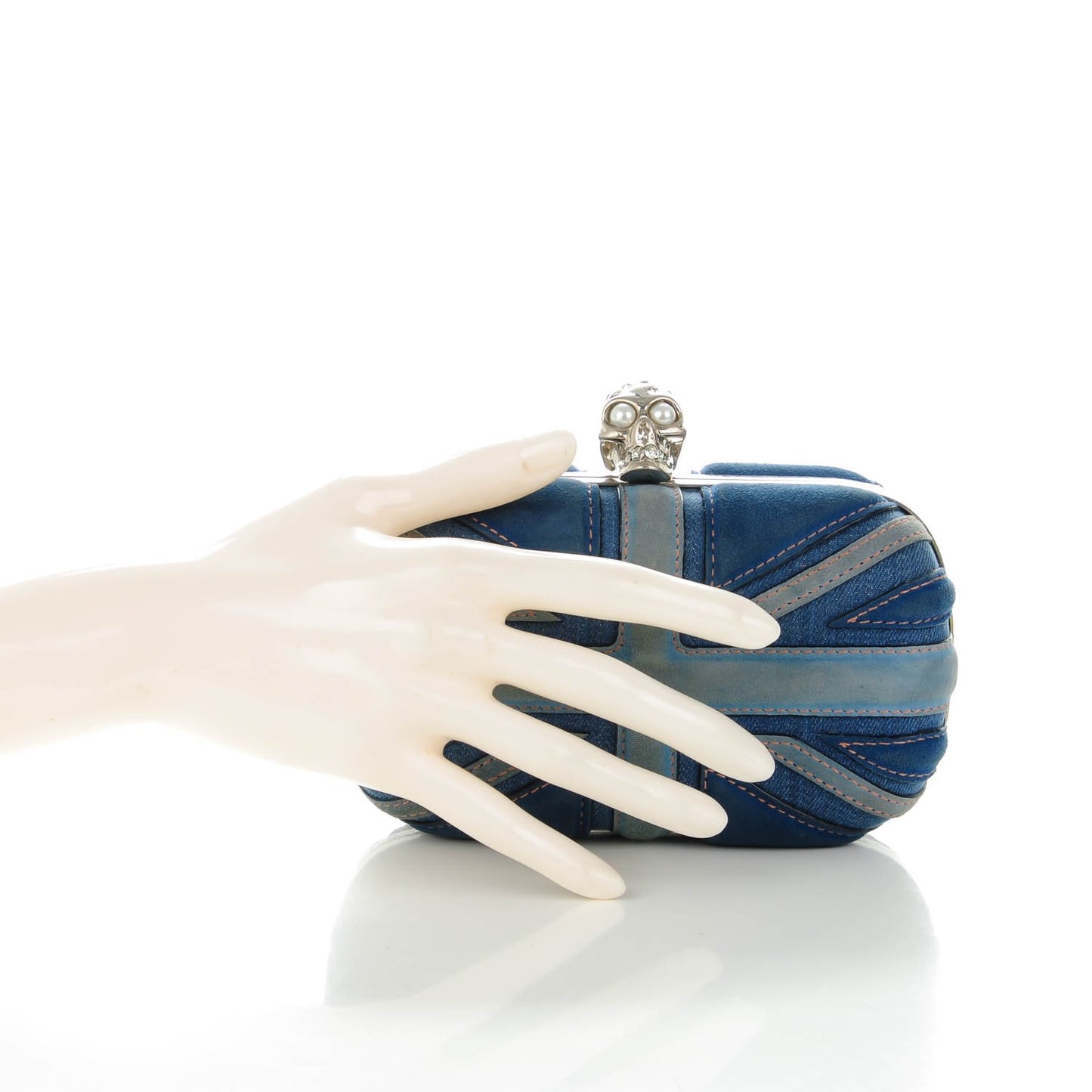 Suede Denim Britannia Skull Box Clutch Blue