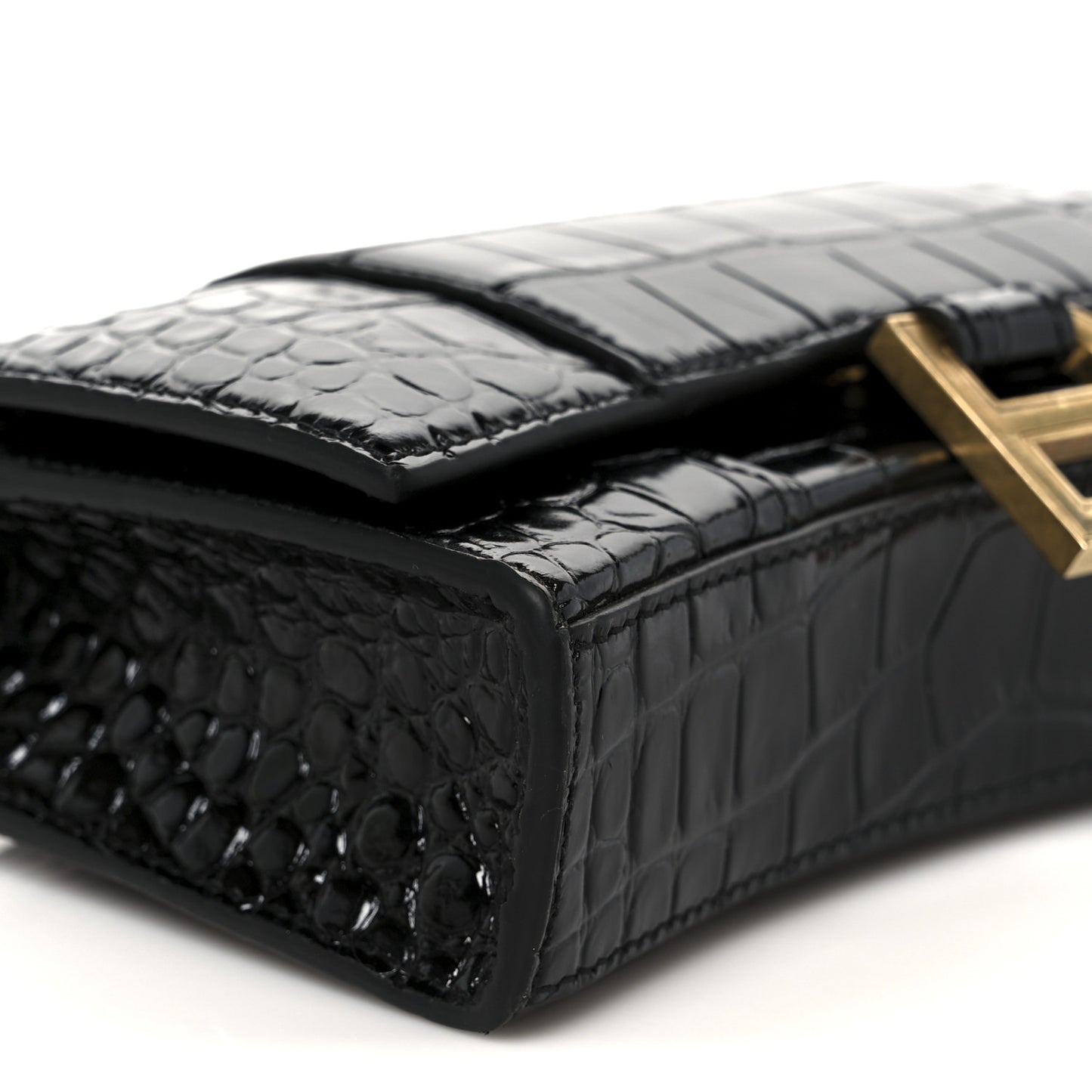 Shiny Calfskin Crocodile Embossed Hourglass Chain Bag Black