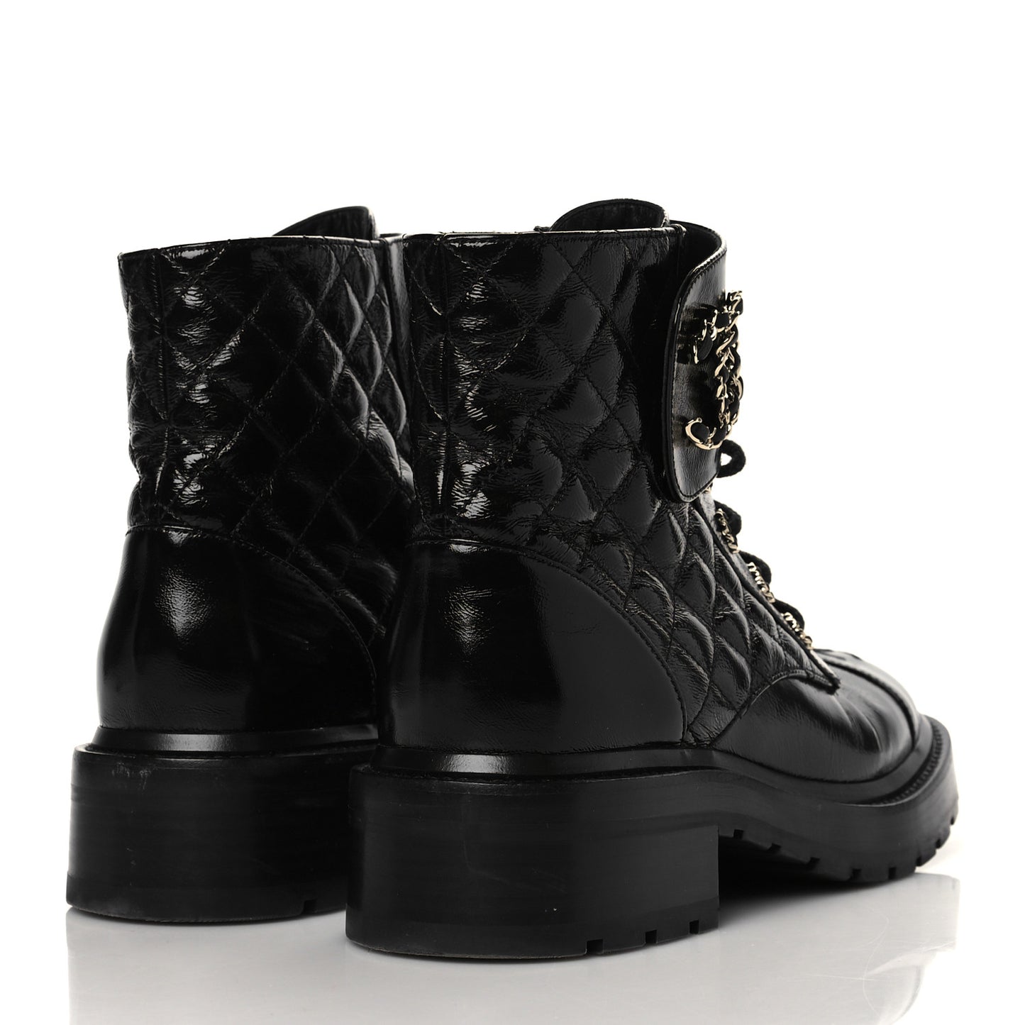 Shiny Goatskin Calfskin Quilted Lace Up Combat Boots 38 Black