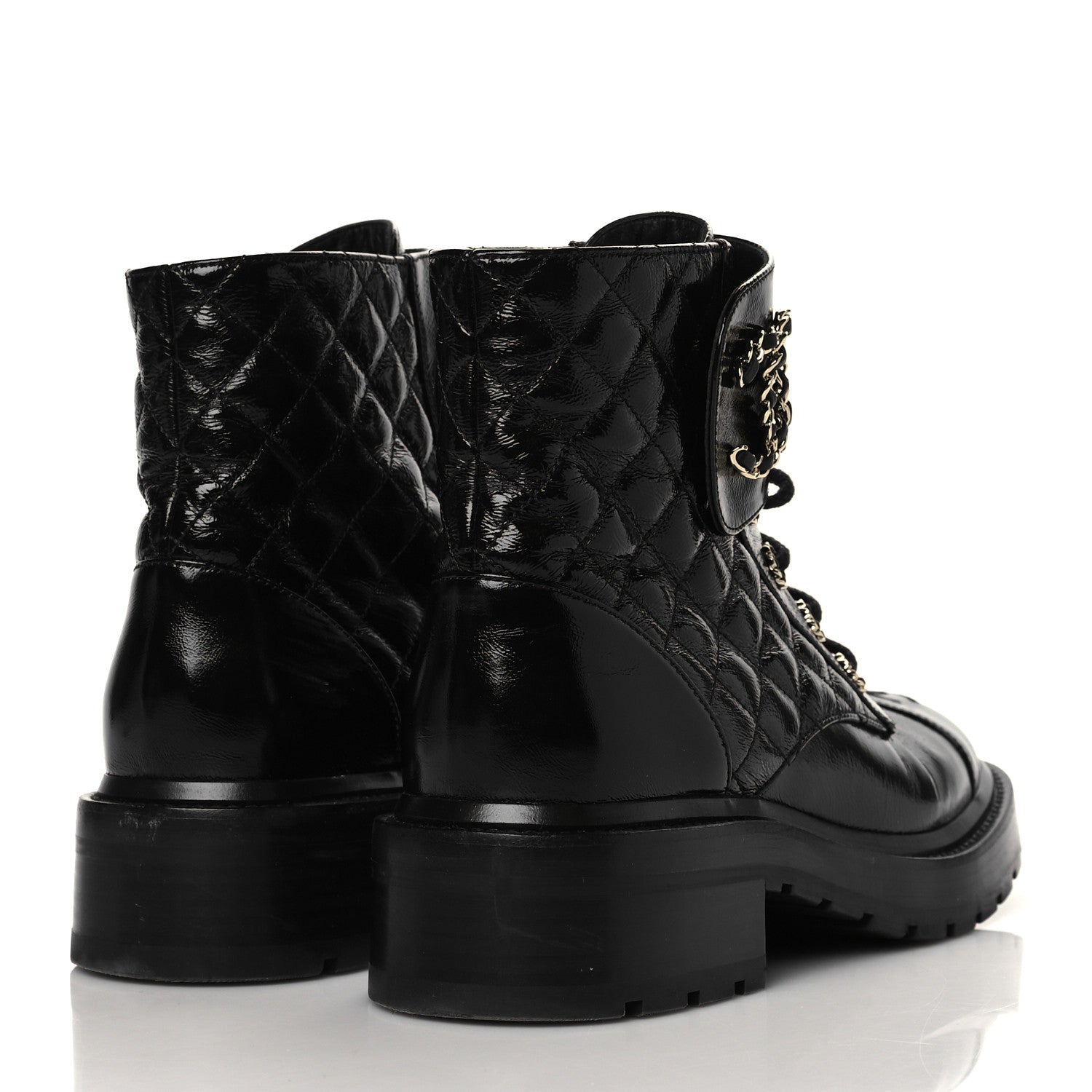 Chanel Shiny Goatskin Calfskin Quilted Lace Up Combat Boots 38 Black 4 of 8