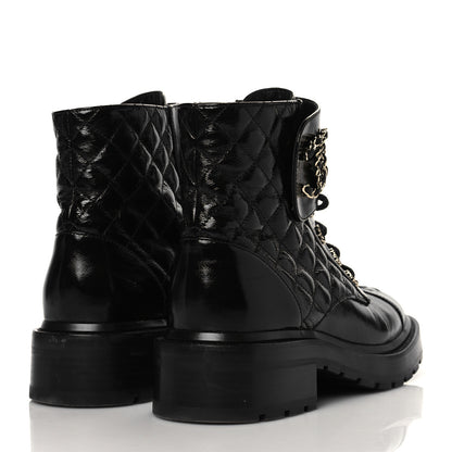 Chanel Shiny Goatskin Calfskin Quilted Lace Up Combat Boots 38 Black 4 of 8