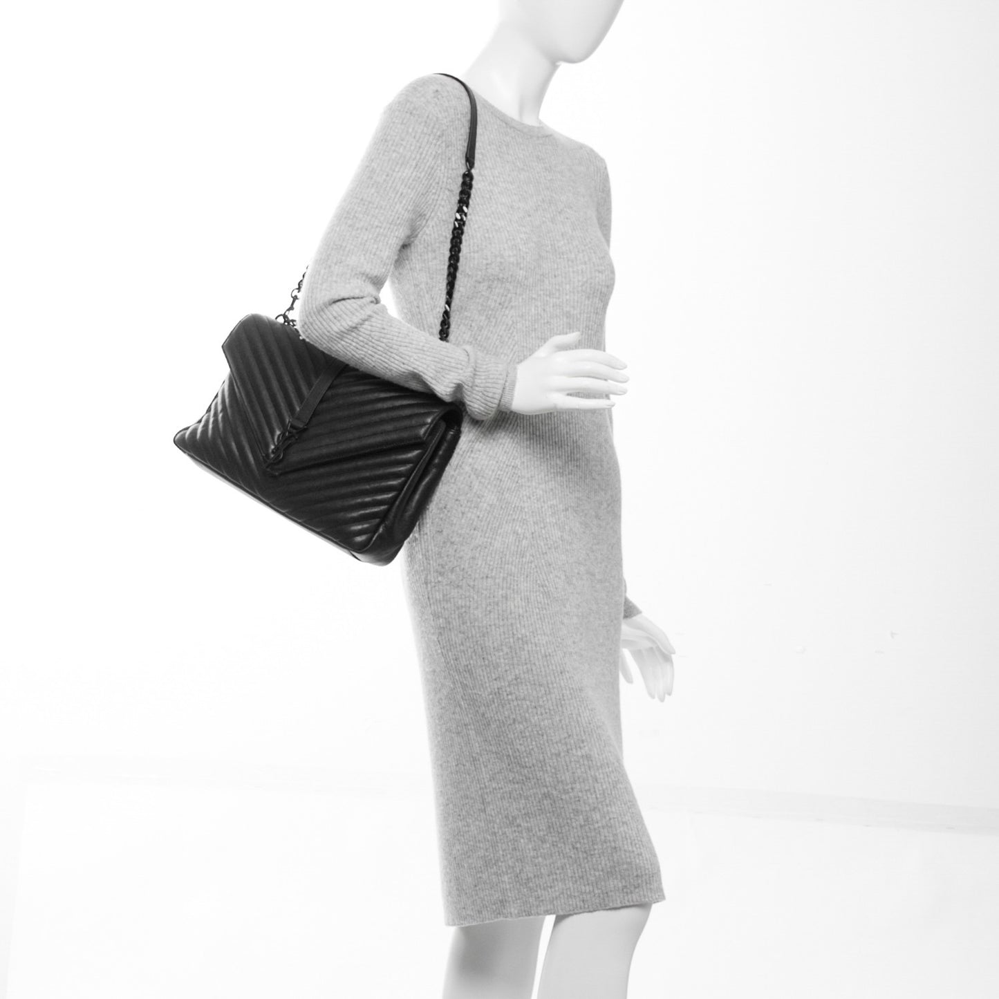 Sheepskin Matelasse Chevron Monogram Monochrome Large College Satchel Black