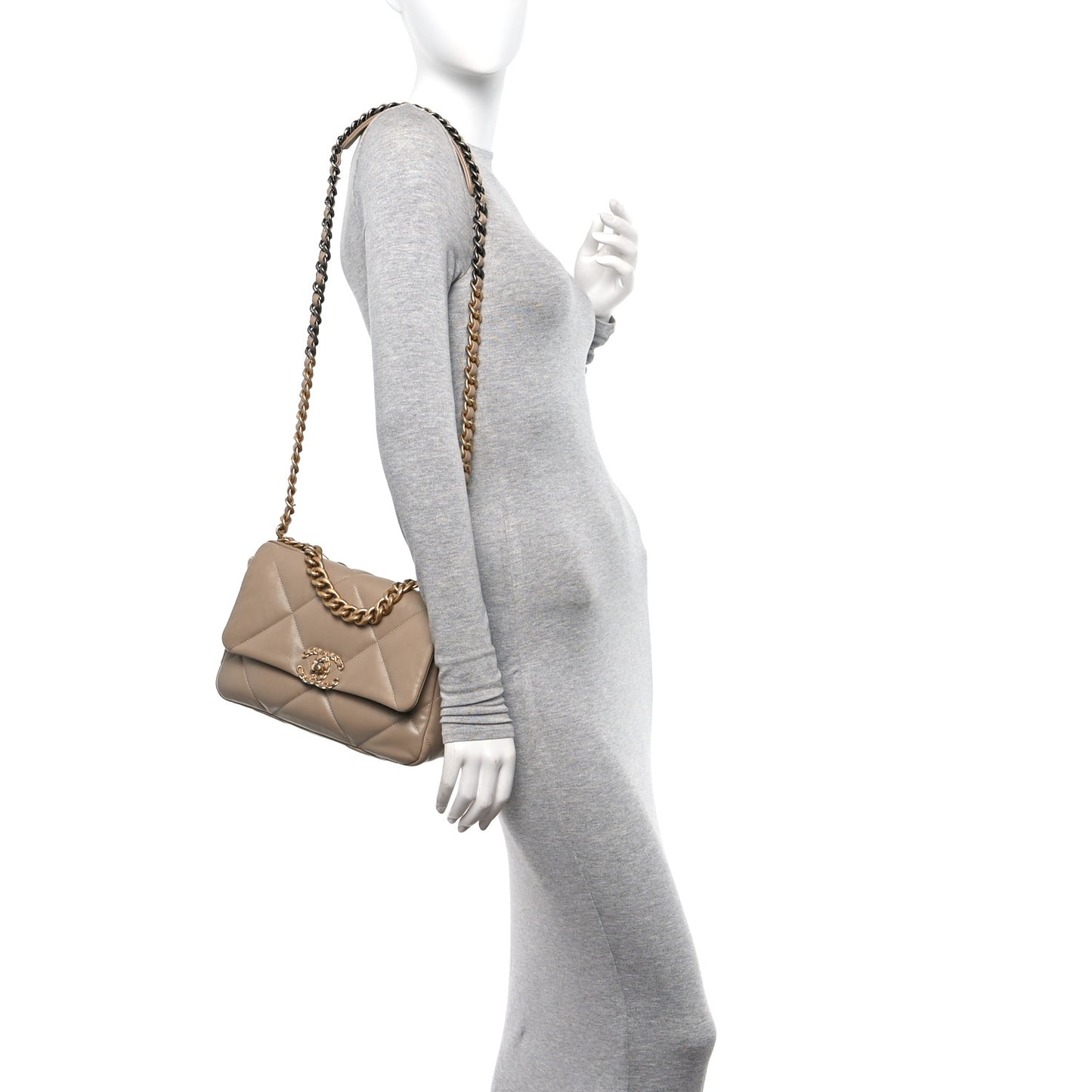 Lambskin Quilted Medium Chanel 19 Flap Dark Beige