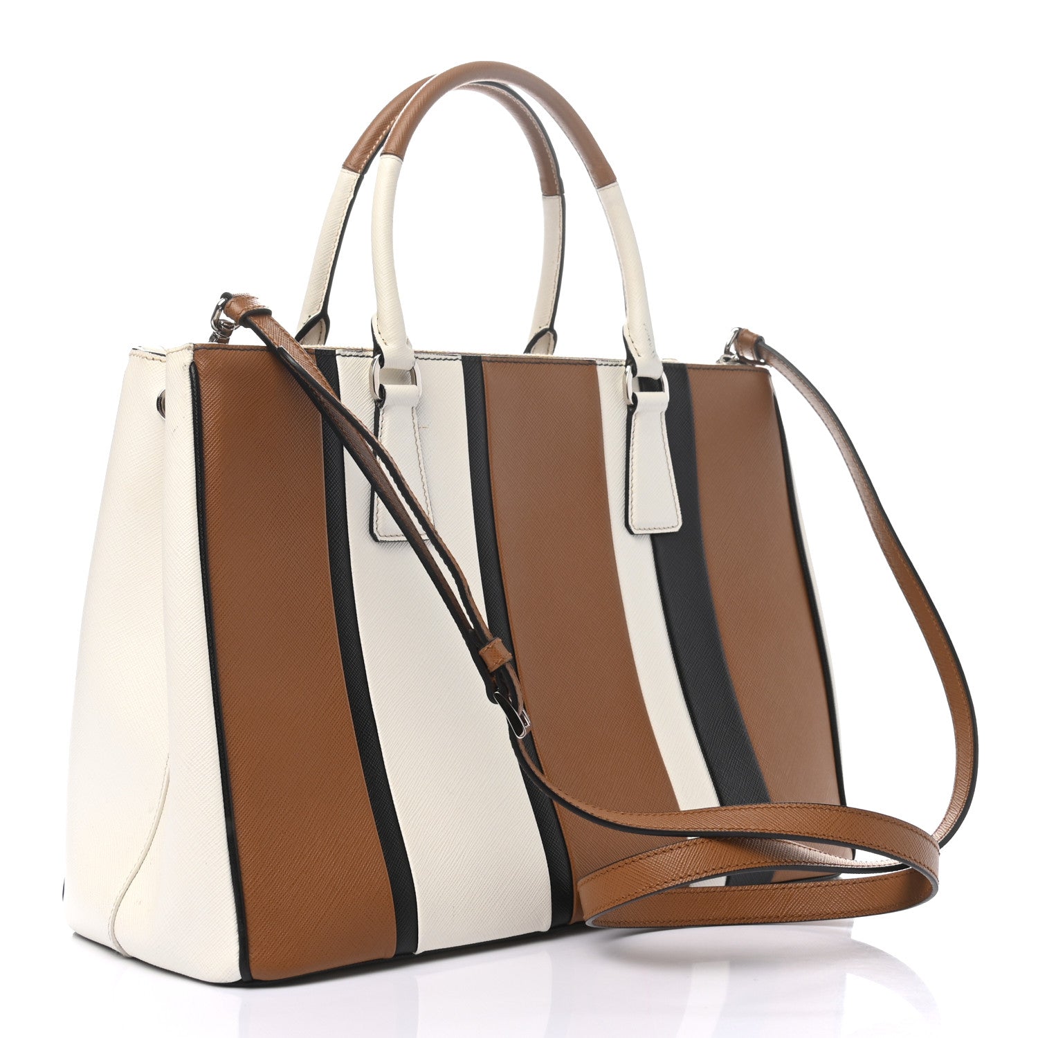 Prada Saffiano Baiadera Striped Medium Galleria Double Zip Tote Caramel Black White 3 of 10