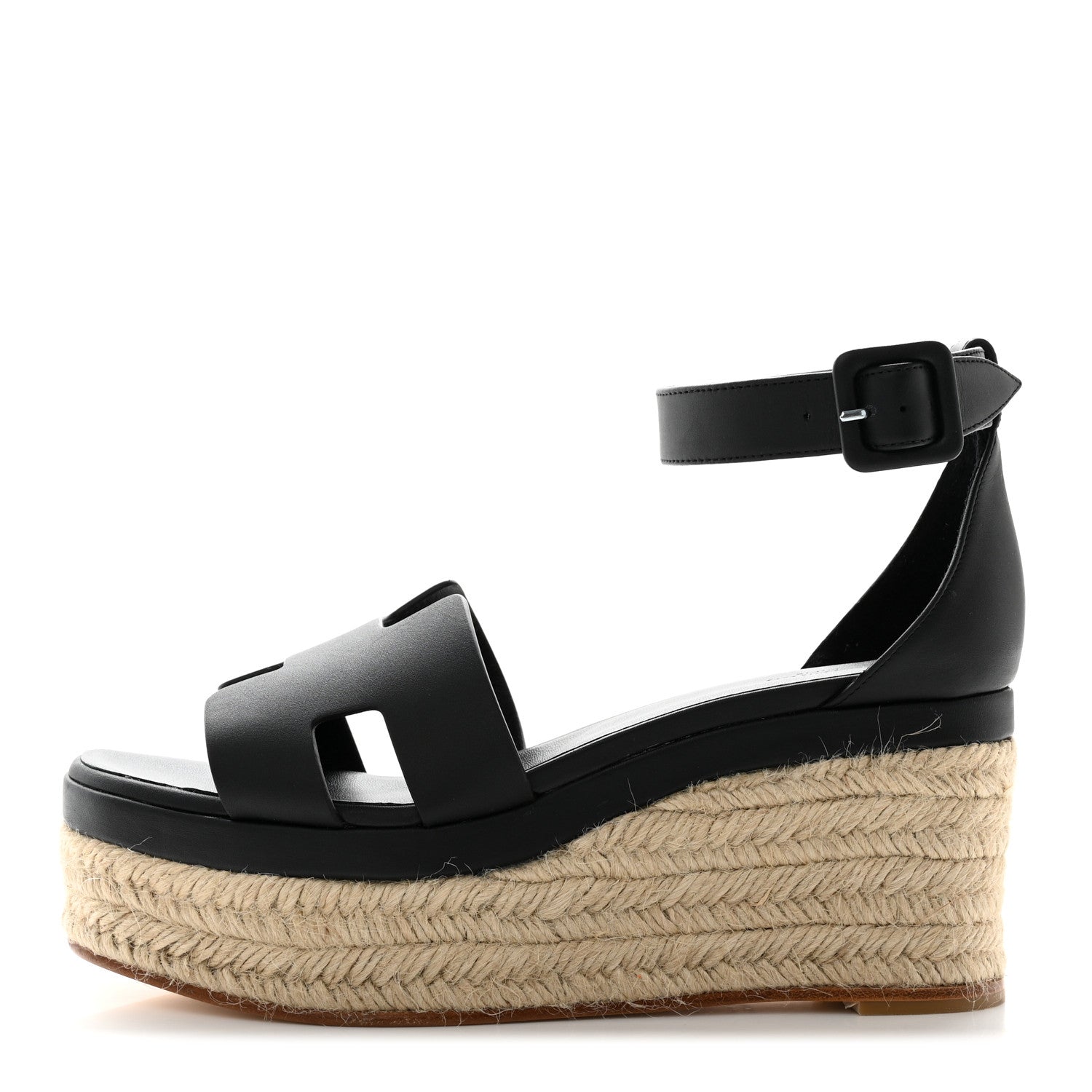 Hermes Goatskin Elda Espadrille Wedge Sandals 38 Black 1 of 12