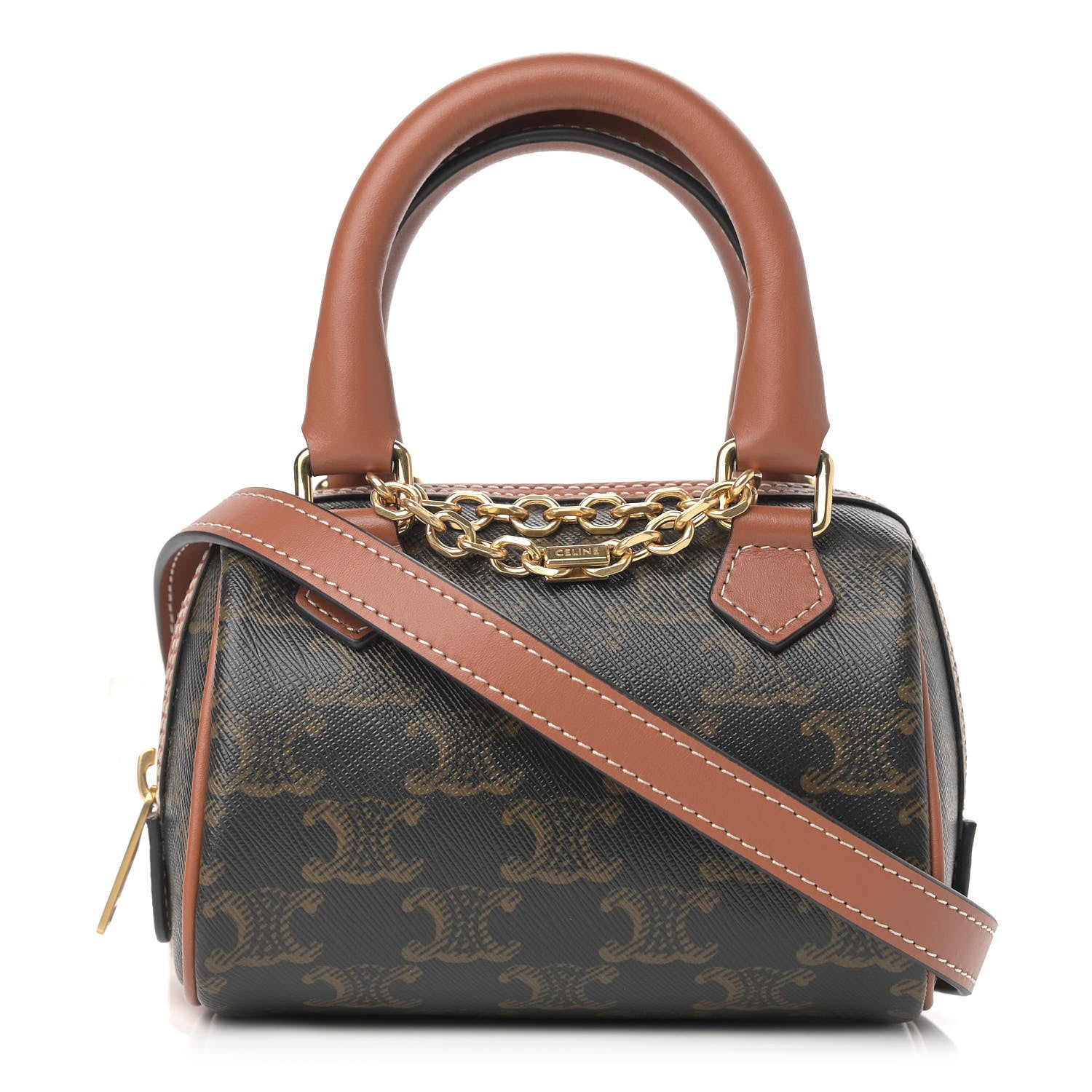 Celine Triomphe Canvas Calfskin Mini Boston Bag Tan 1 of 10