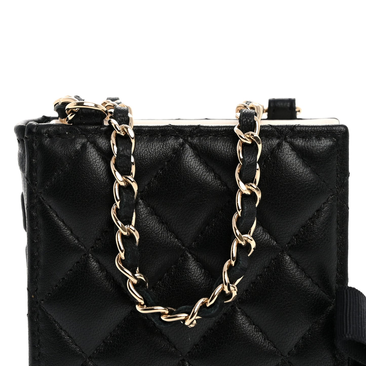 Lambskin Quilted Book Card Holder on Chain Black