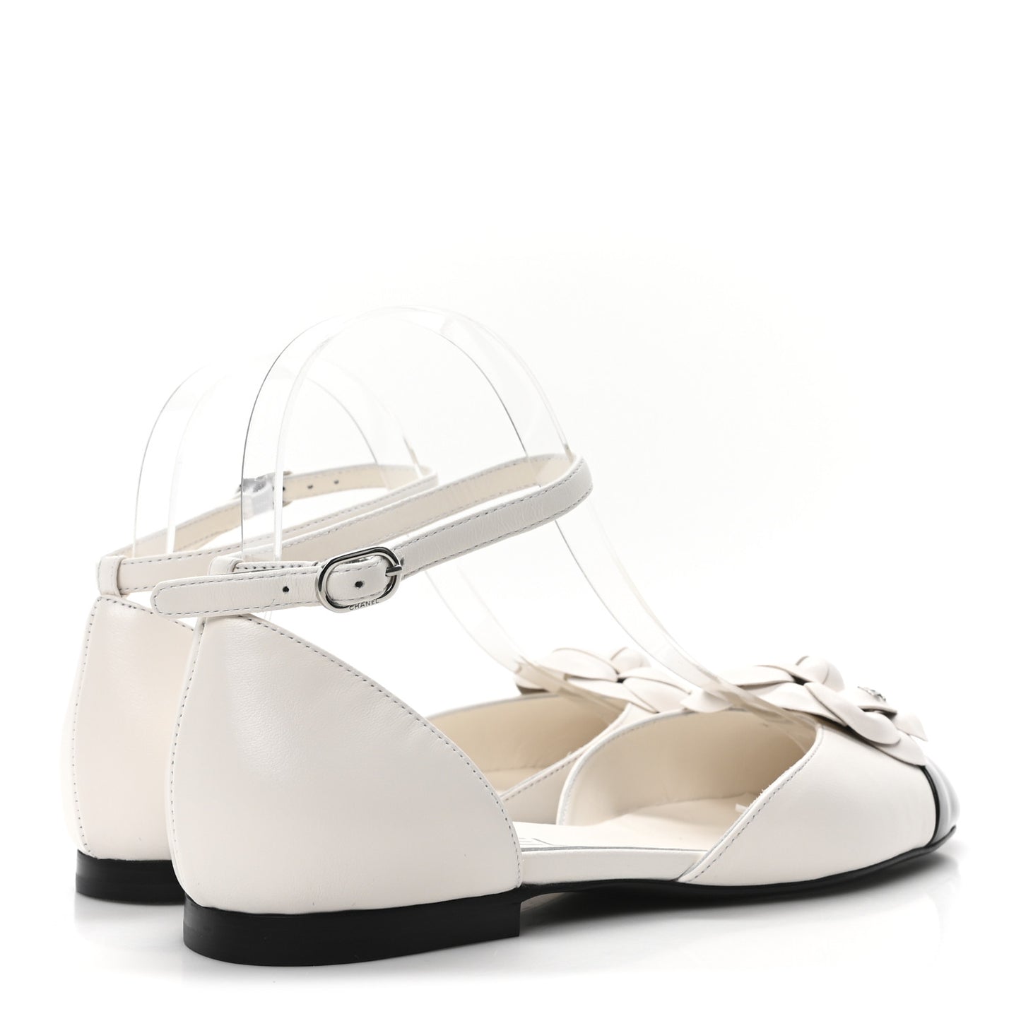 Lambskin Patent Calfskin Cap Toe Camellia Mary Jane Flats 37.5 White Black
