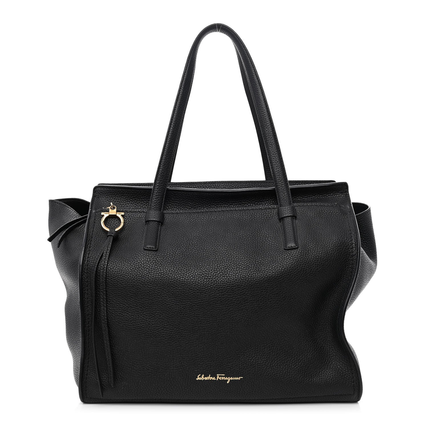 Salvatore Ferragamo Hammered Calfskin Double Handle Large Amy Tote Black 1 of 9