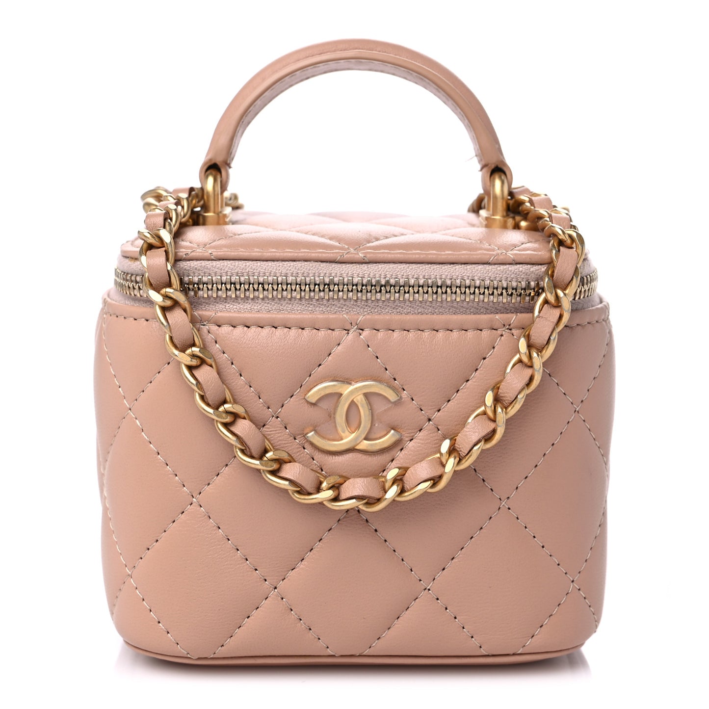 Lambskin Quilted Top Handle Mini Vanity Case With Chain Beige