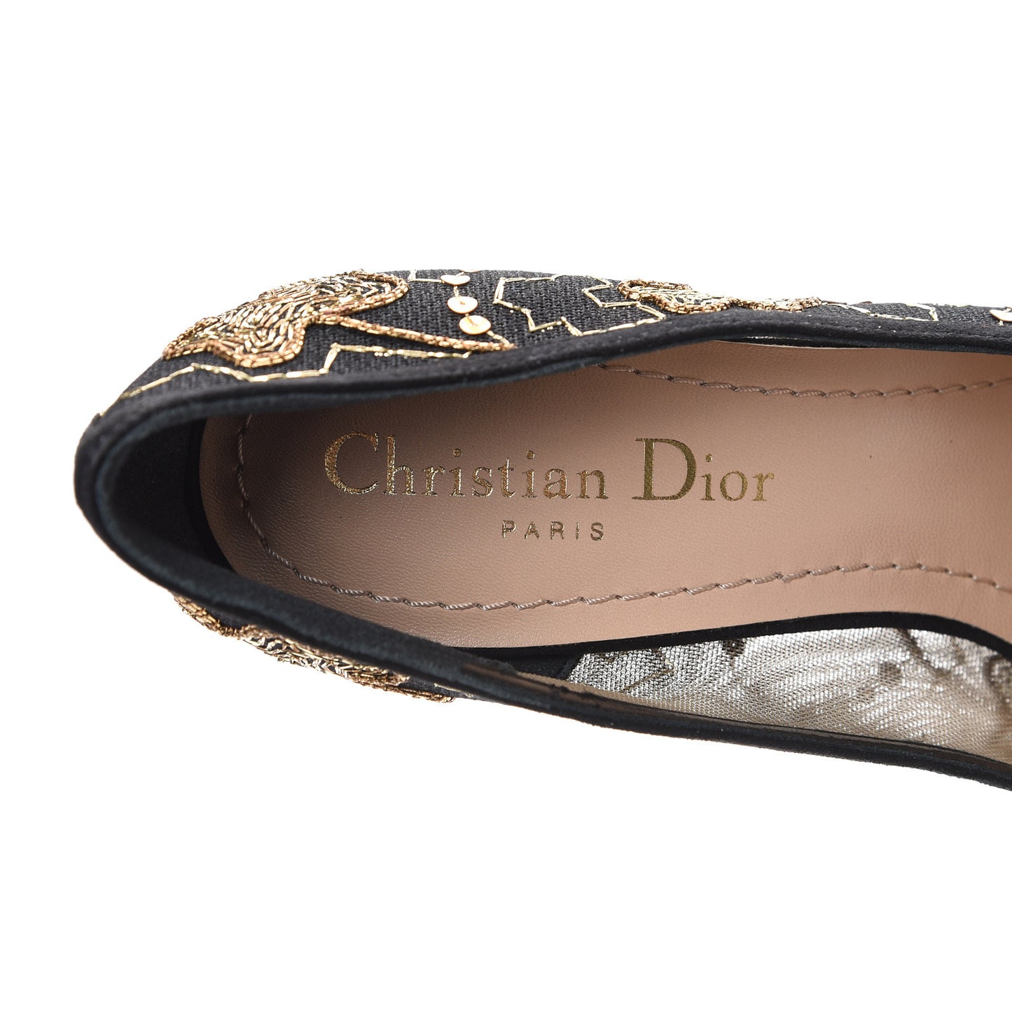 Suede Mesh Clover Embroidered D-Choc Pumps 36 Black Gold