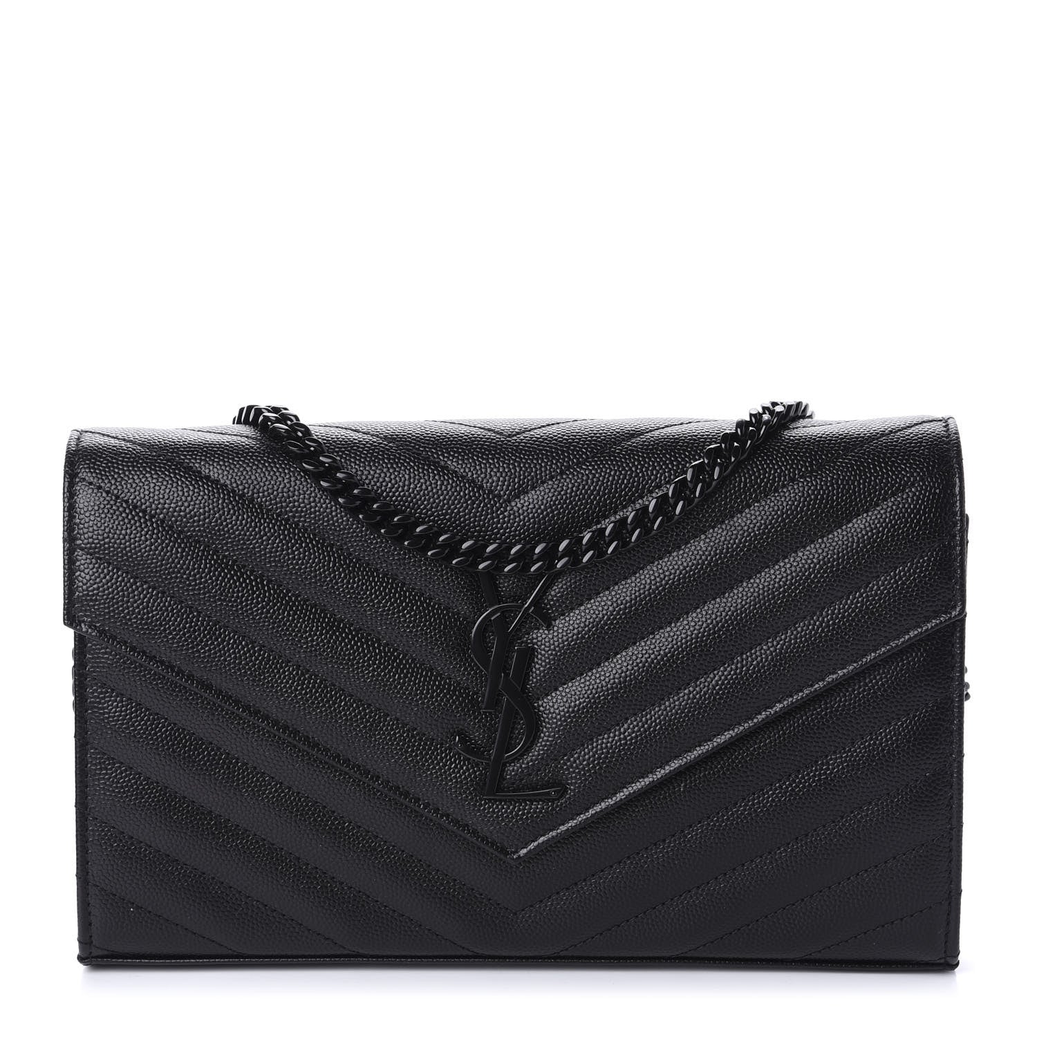 Saint Laurent Grain De Poudre Matelasse Chevron Monogram Chain Wallet Black 1 of 11