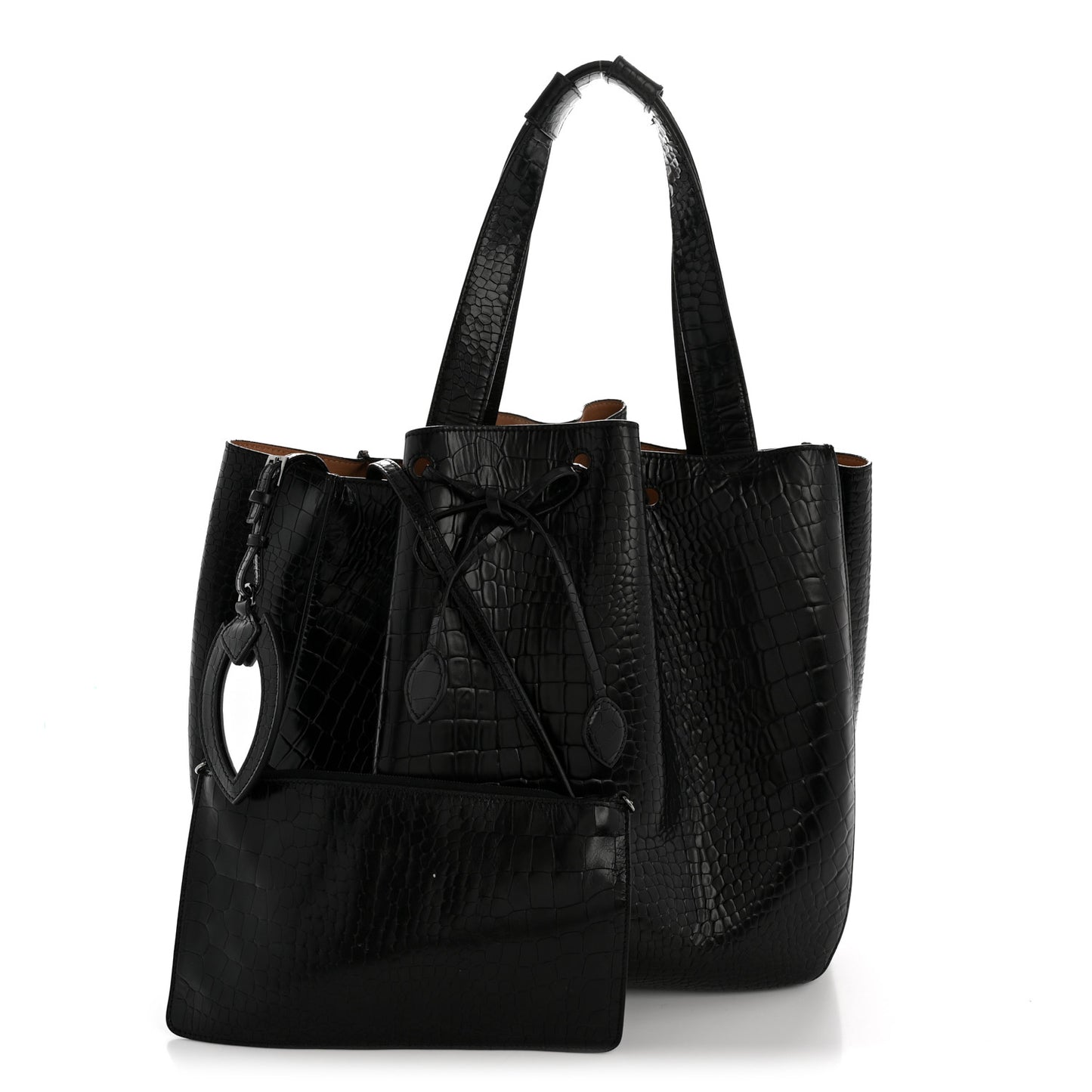 Calfskin Crocodile Embossed Bucket Bag Black
