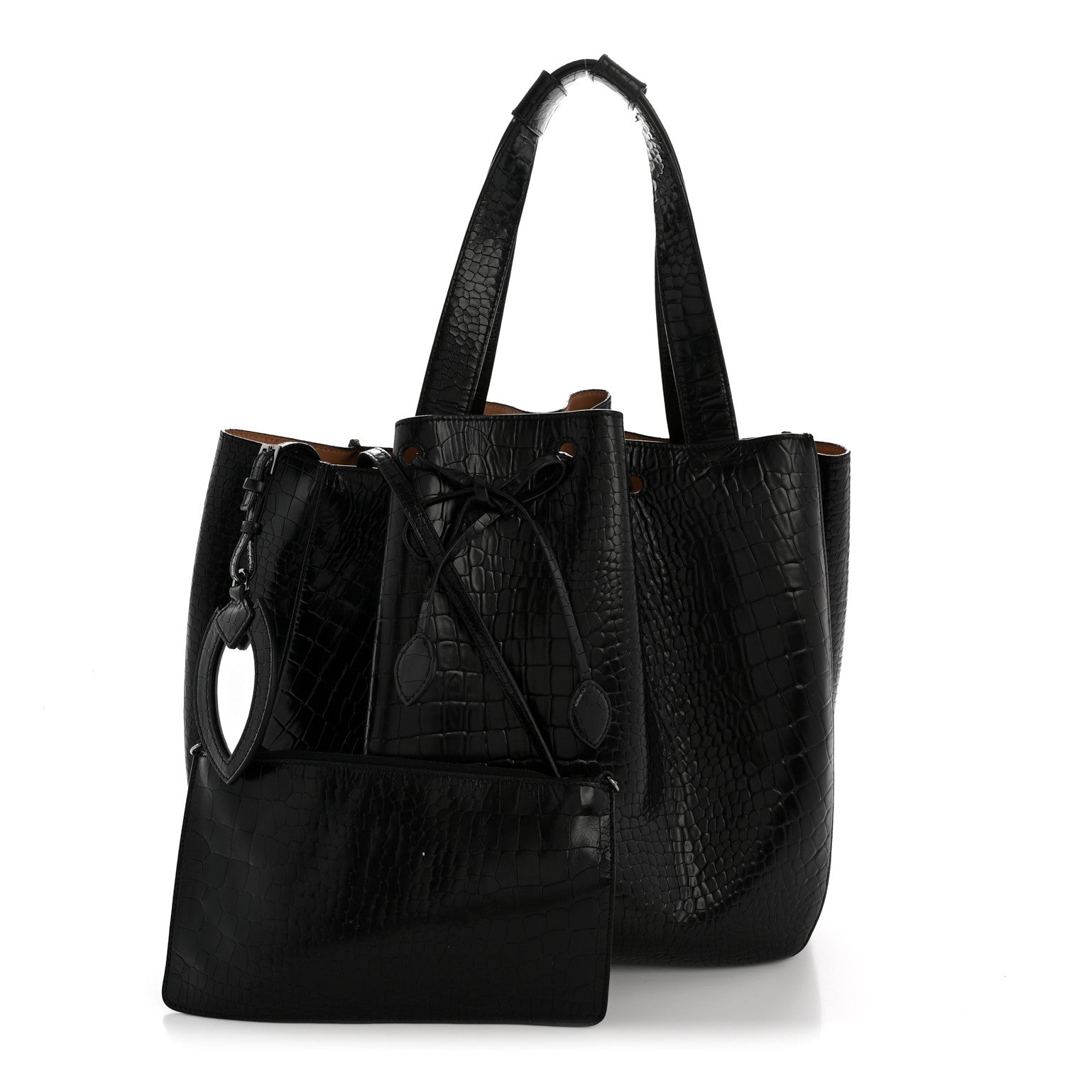 Alaia Calfskin Crocodile Embossed Bucket Bag Black 3 of 14