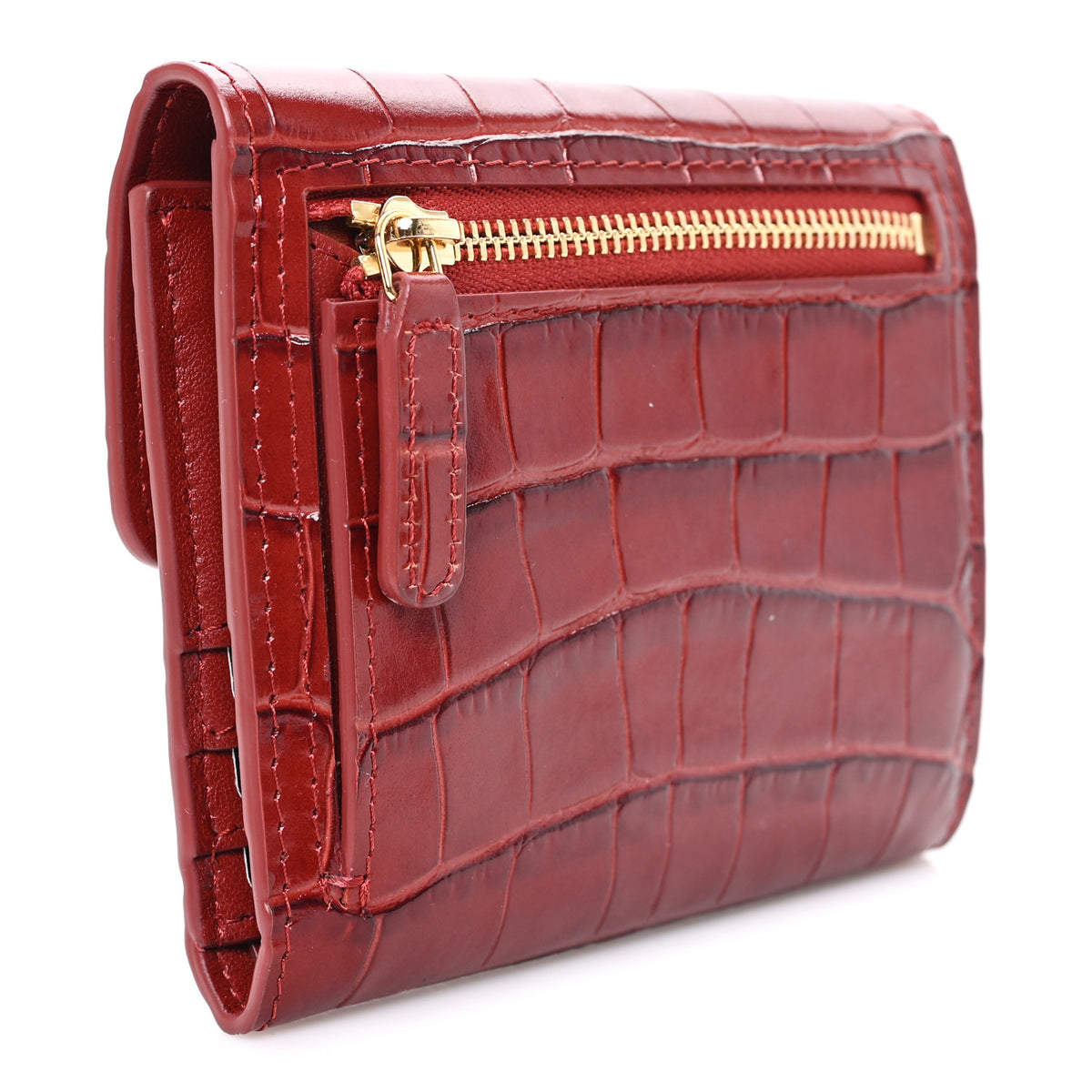 Calfskin Crocodile Embossed Crococo Flap Wallet Burgundy