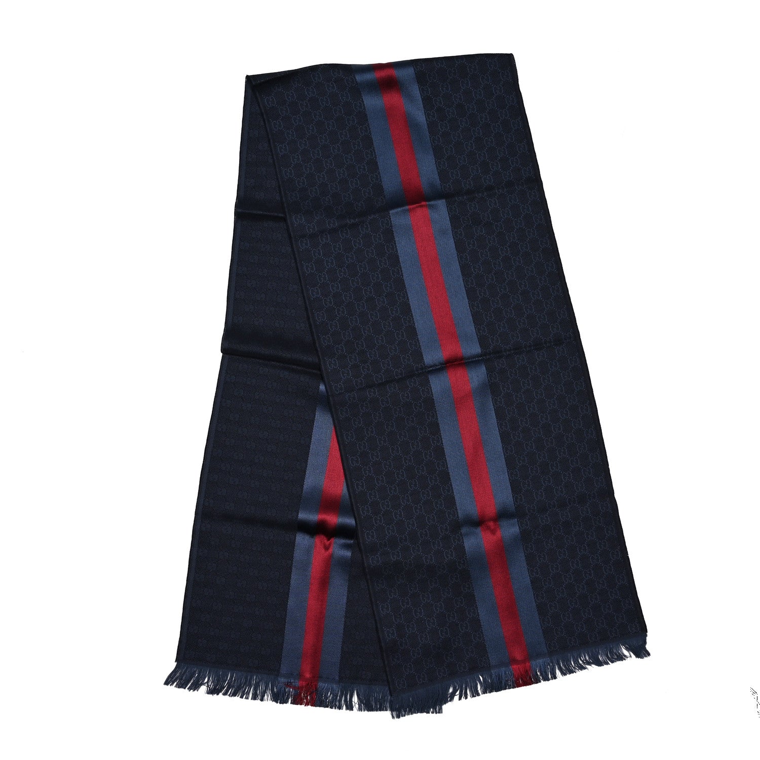Gucci Wool Silk GG Monogram Web Verbiere Fringe Scarf Navy Blue 2 of 4
