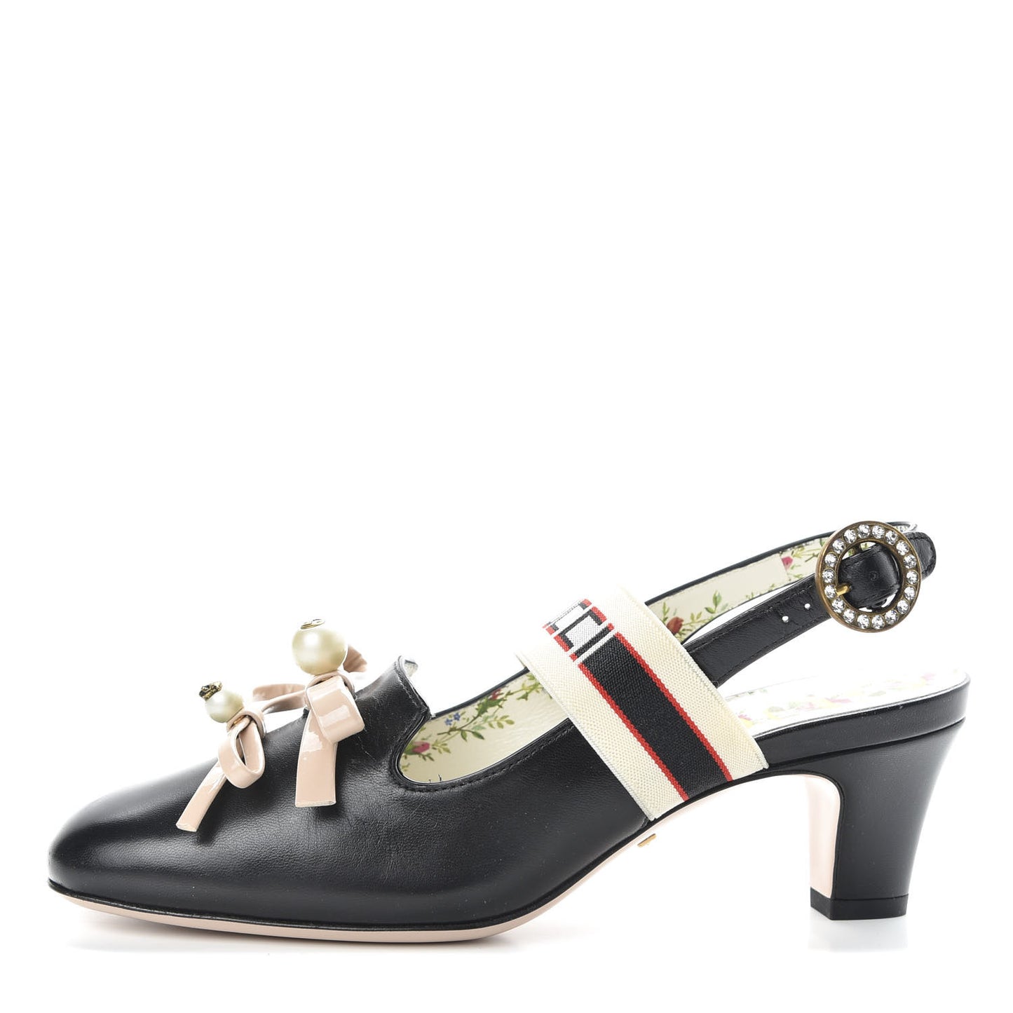 Malaga Kid Bow Ace Stripe Mid Heel Slingback Pumps 35.5 Black