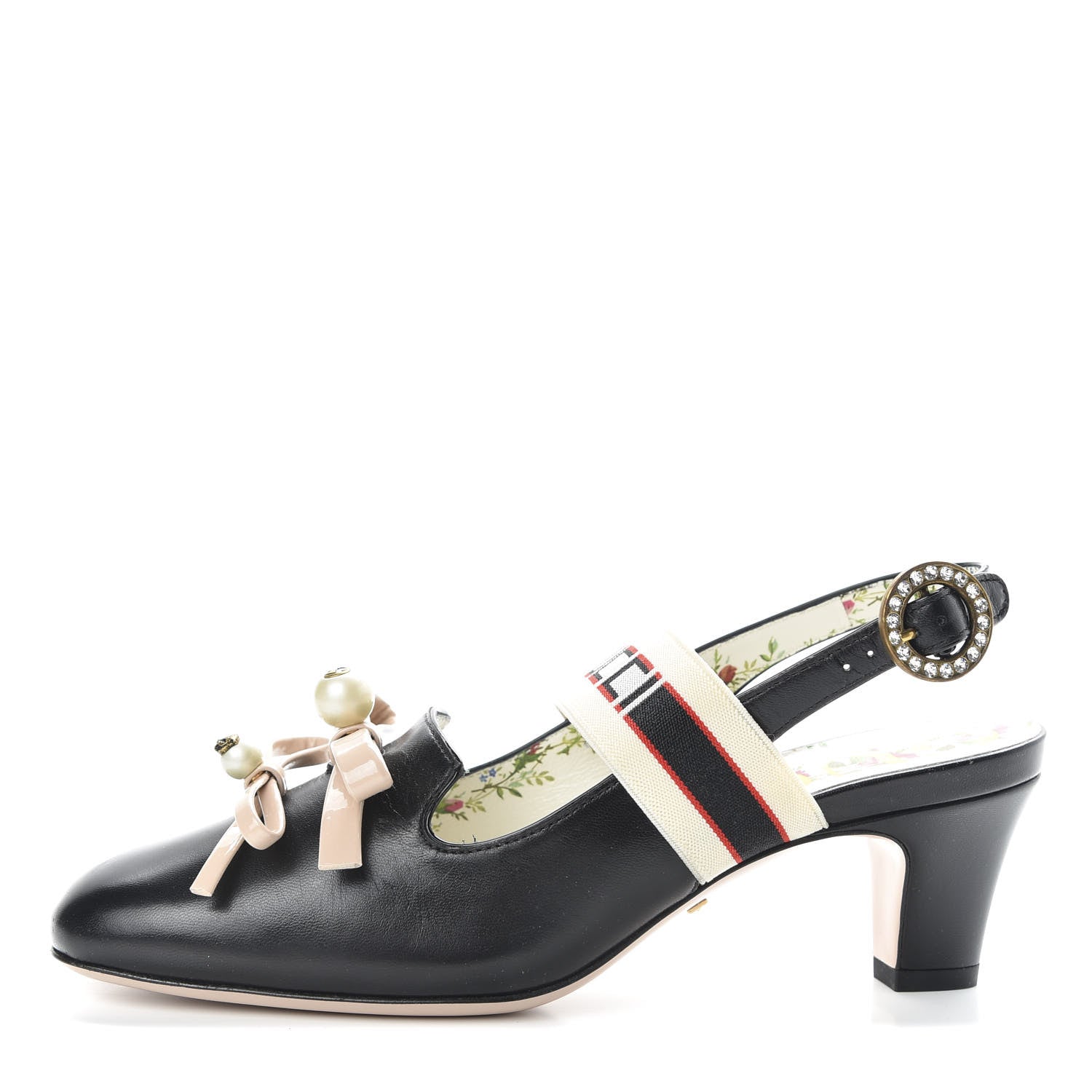 Gucci Malaga Kid Bow Ace Stripe Mid Heel Slingback Pumps 35.5 Black 1 of 10
