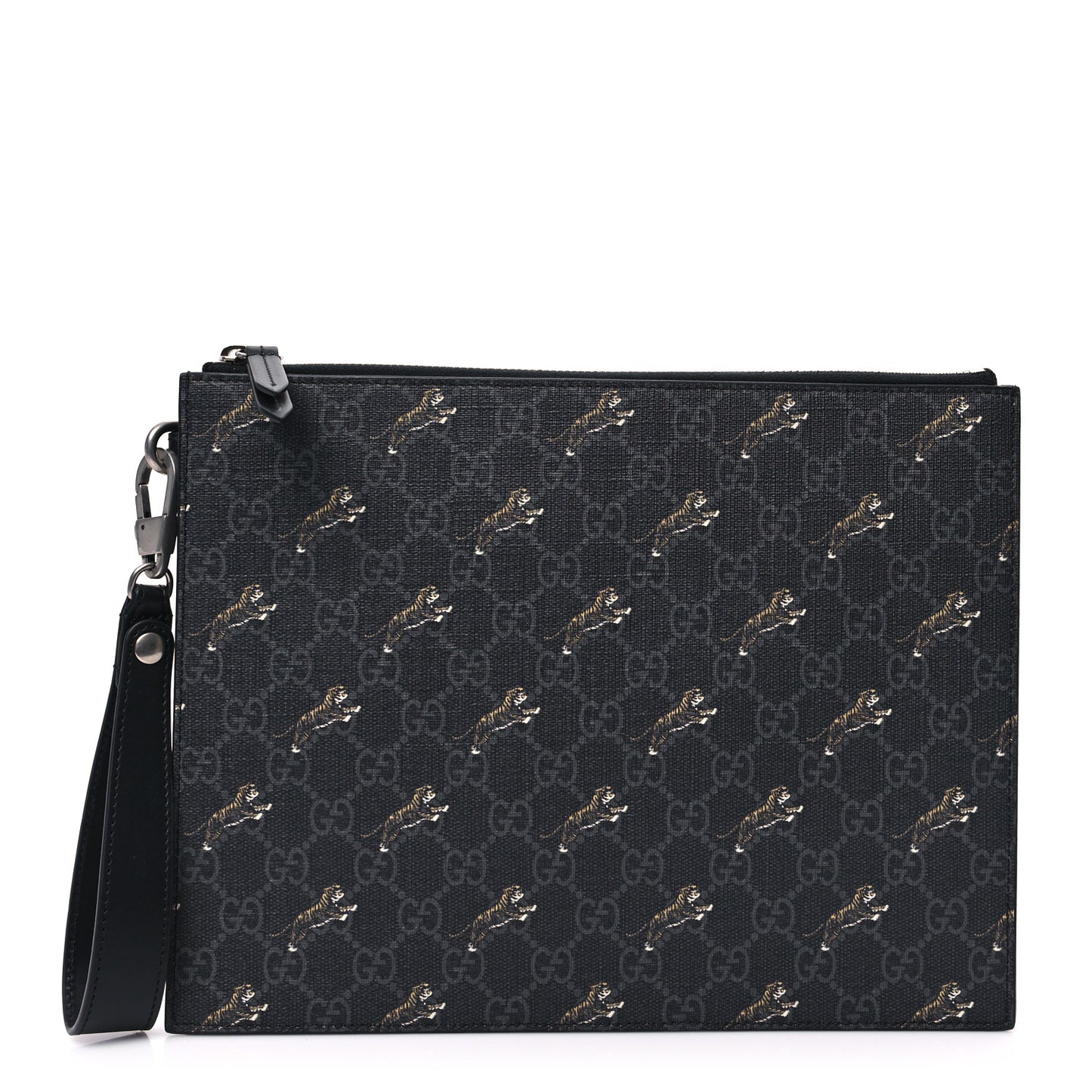 GG Supreme Monogram Tigers Zip Wristlet Pouch Black