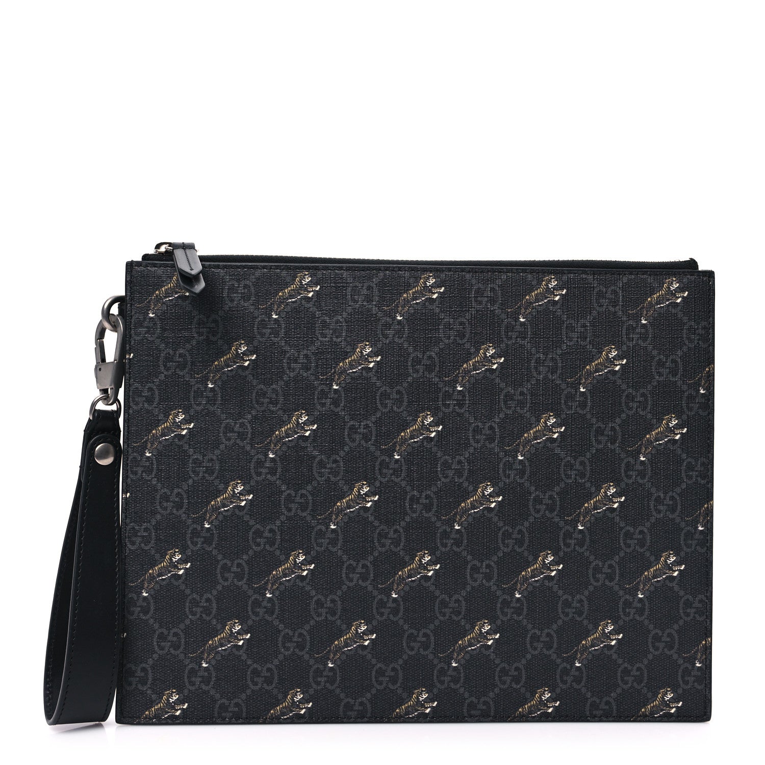 Gucci GG Supreme Monogram Tigers Zip Wristlet Pouch Black 1 of 9