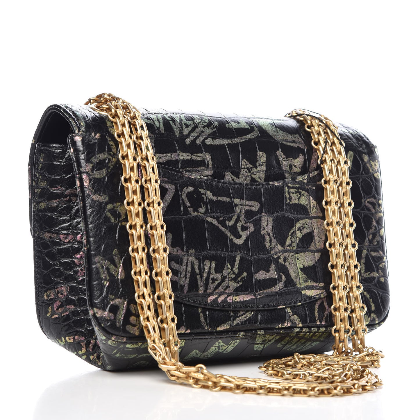 Calfskin Crocodile Embossed Graffiti 2.55 Mini Cocodile Reissue Flap Black Pink