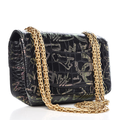 Chanel Calfskin Crocodile Embossed Graffiti 2.55 Mini Cocodile Reissue Flap Black Pink 3 of 12
