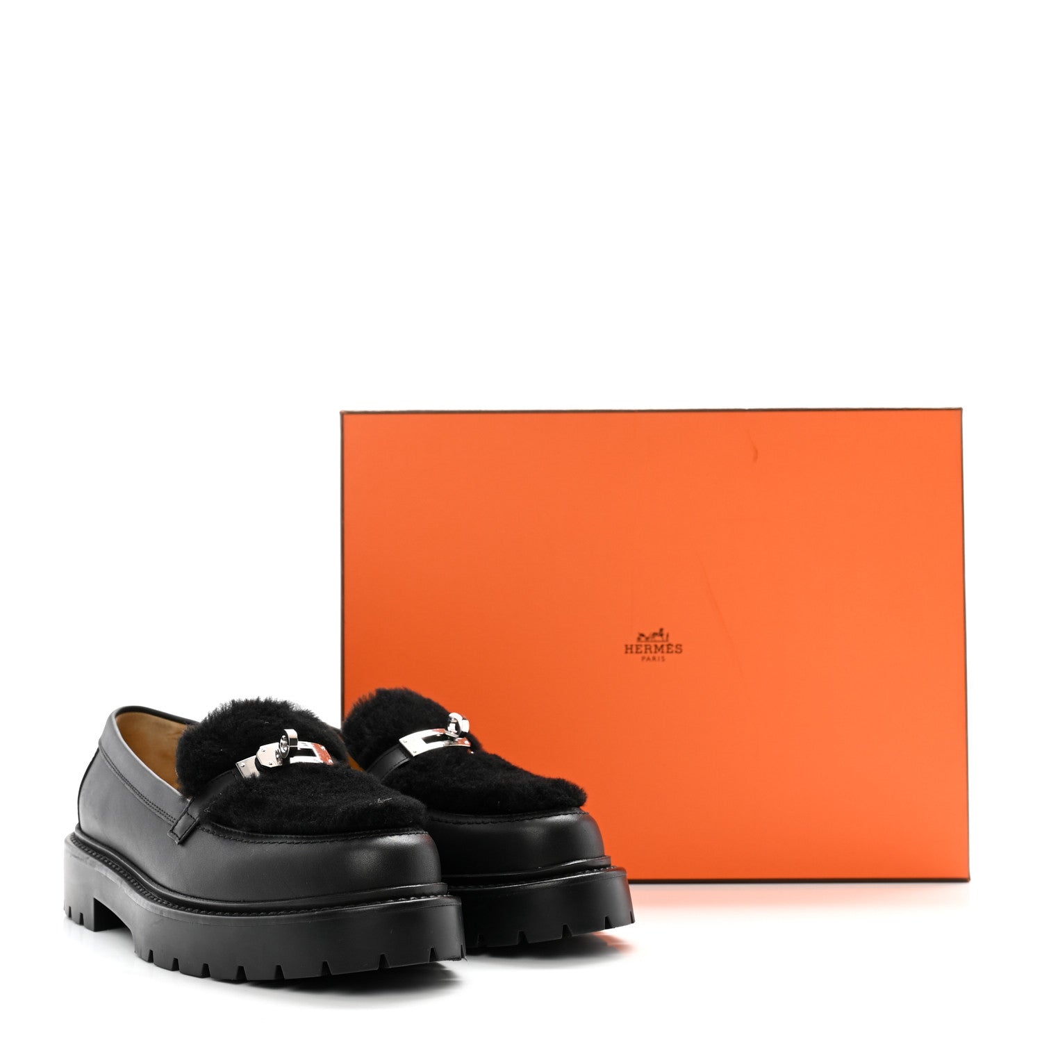 Hermes Calfskin Shearling Icone Loafers 37 Black 1565627