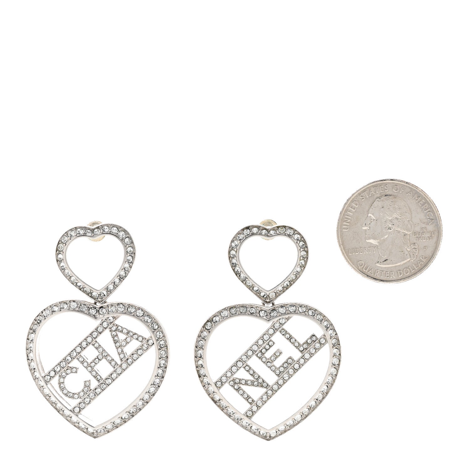 Chanel Crystal Metal CC Heart Drop Earrings Silver 2 of 5