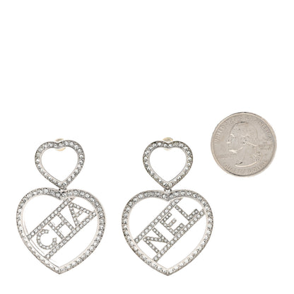 Chanel Crystal Metal CC Heart Drop Earrings Silver 2 of 5