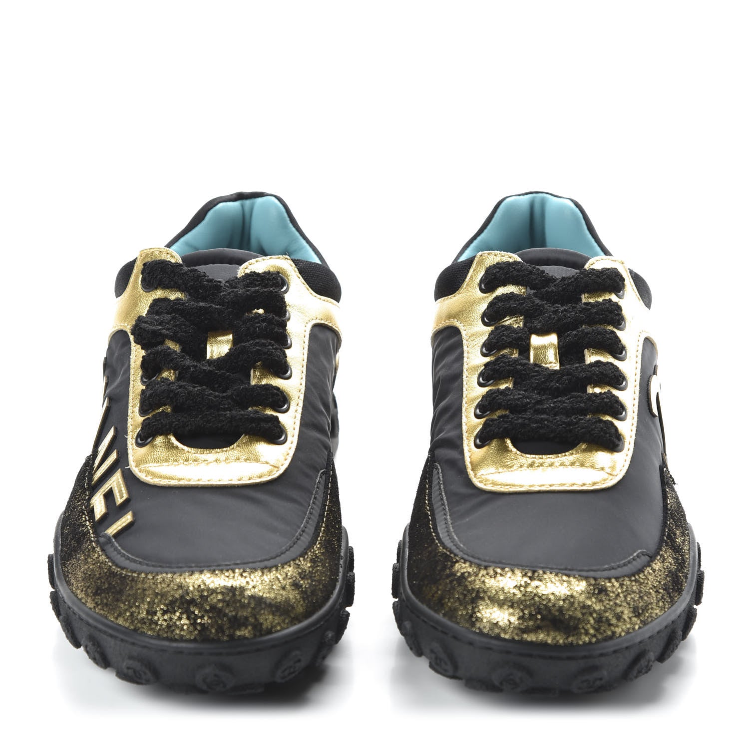Chanel Metallic Lambskin Satin Finish Womens CC Sneakers 36 Black Gold 2 of 9
