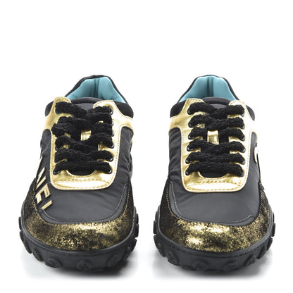 Chanel Metallic Lambskin Satin Finish Womens CC Sneakers 36 Black Gold 2 of 9