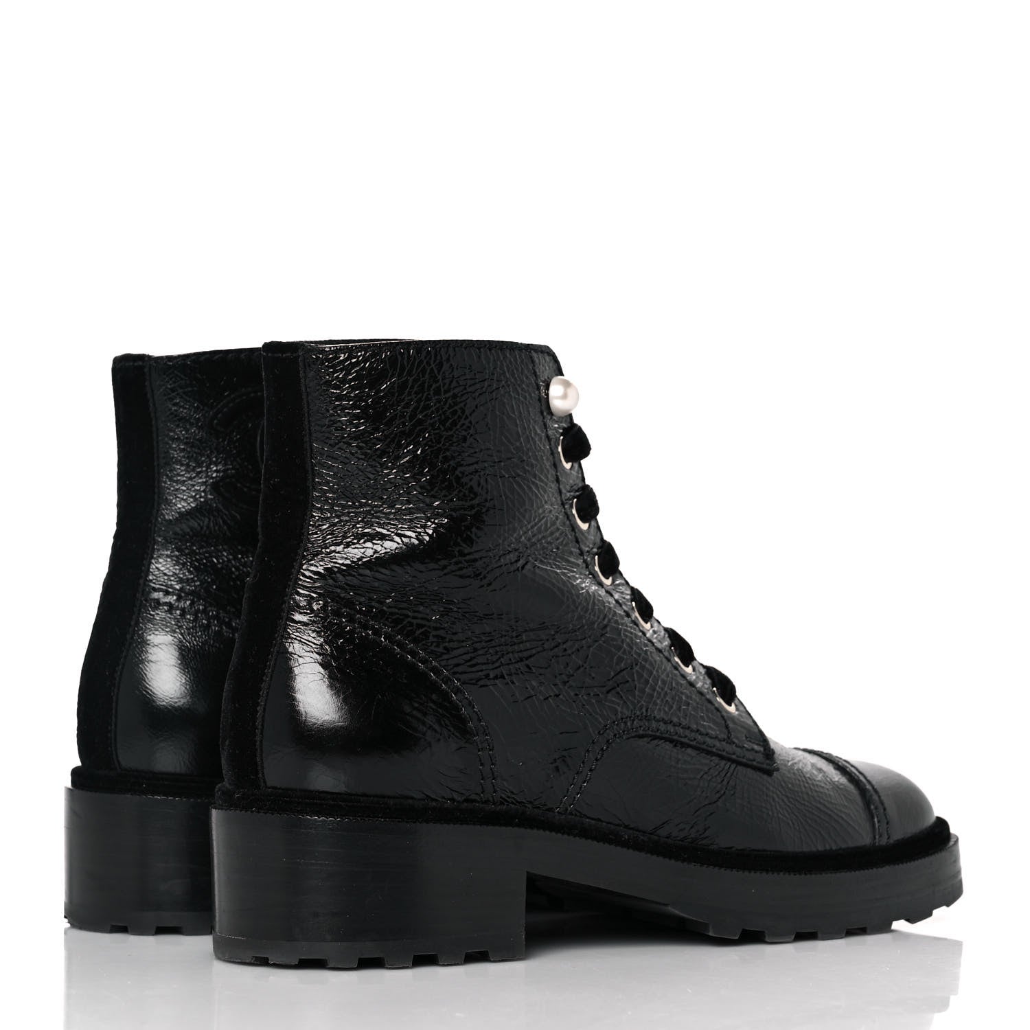 Chanel Shiny Calfskin Velvet Pearl Combat Short Boots 39 Black 4 of 8