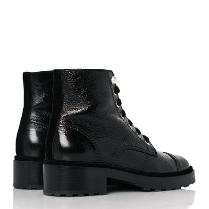 Chanel Shiny Calfskin Velvet Pearl Combat Short Boots 39 Black 4 of 8