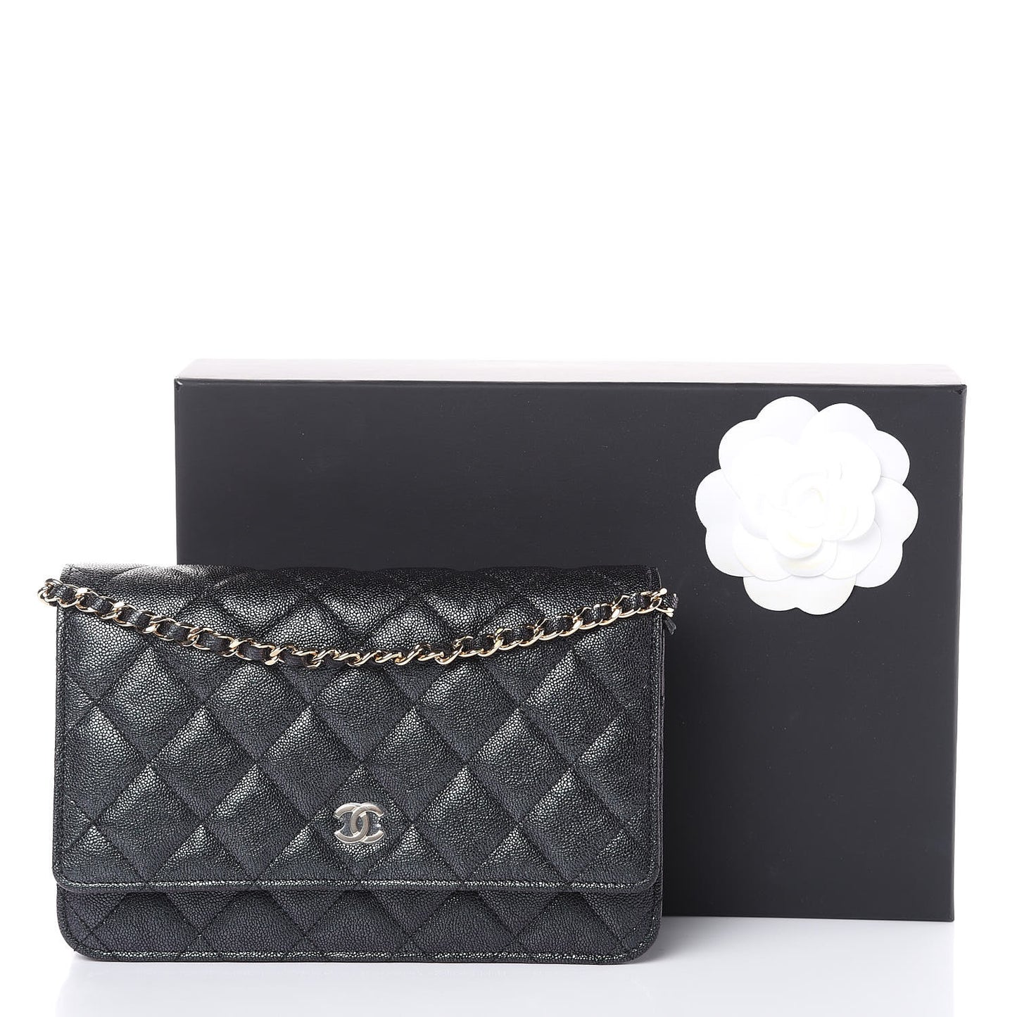 Iridescent Caviar Quilted Wallet On Chain WOC Black