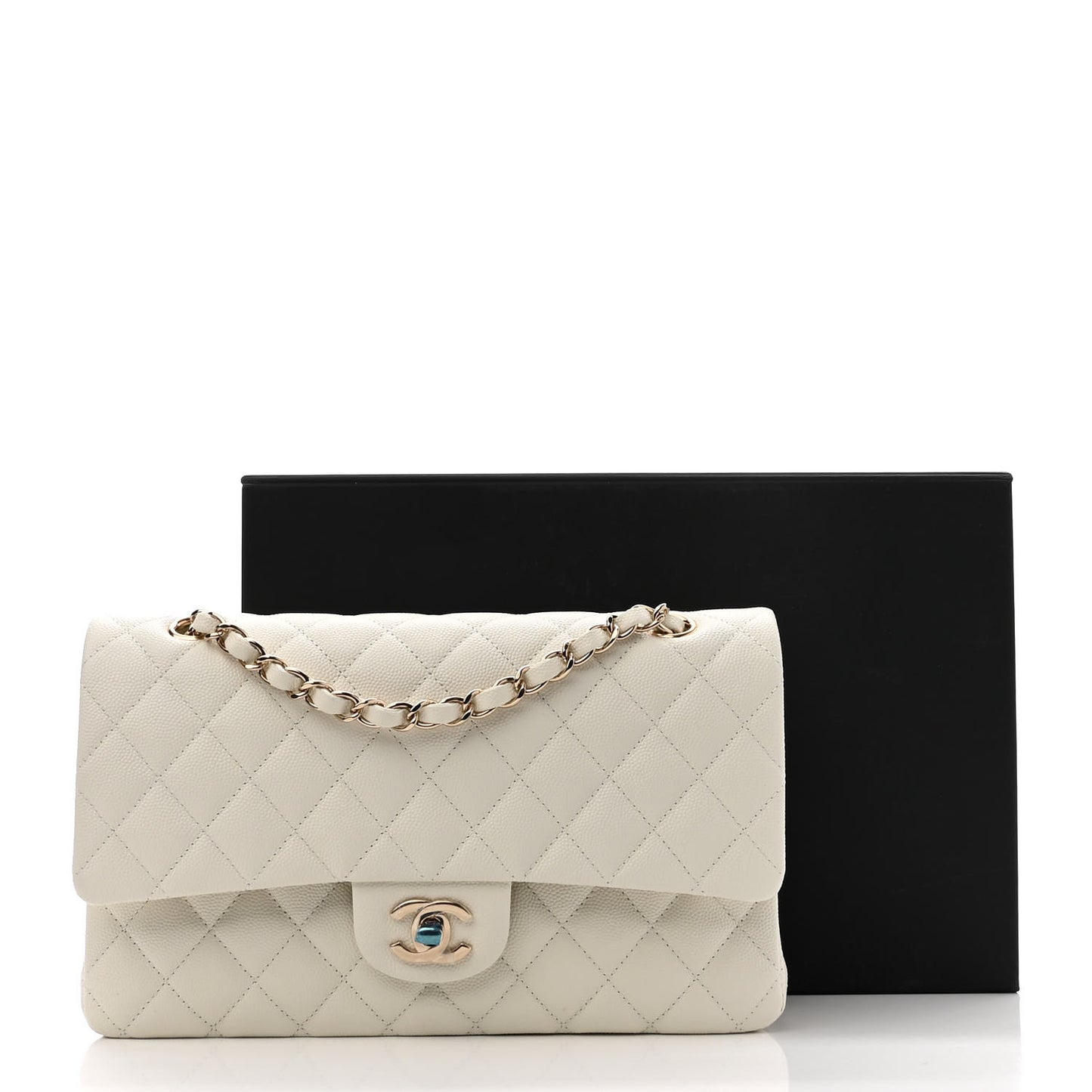 Caviar Quilted Medium Double Flap White