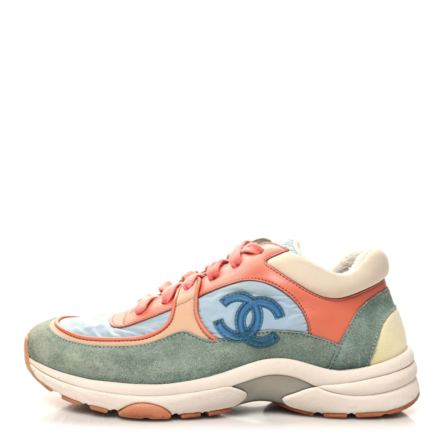 Chanel Nylon Lambskin Suede Calfskin CC Sneakers 37 Coral Light Blue White 1 of 8