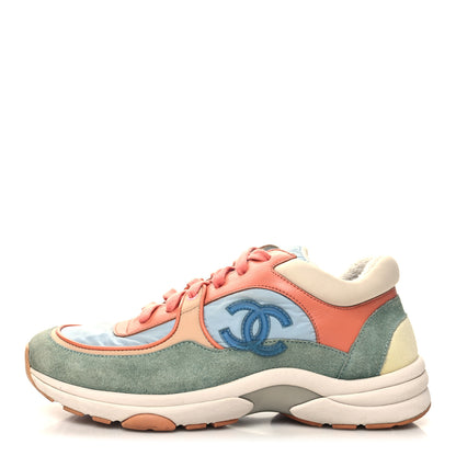 Chanel Nylon Lambskin Suede Calfskin CC Sneakers 37 Coral Light Blue White 1 of 8